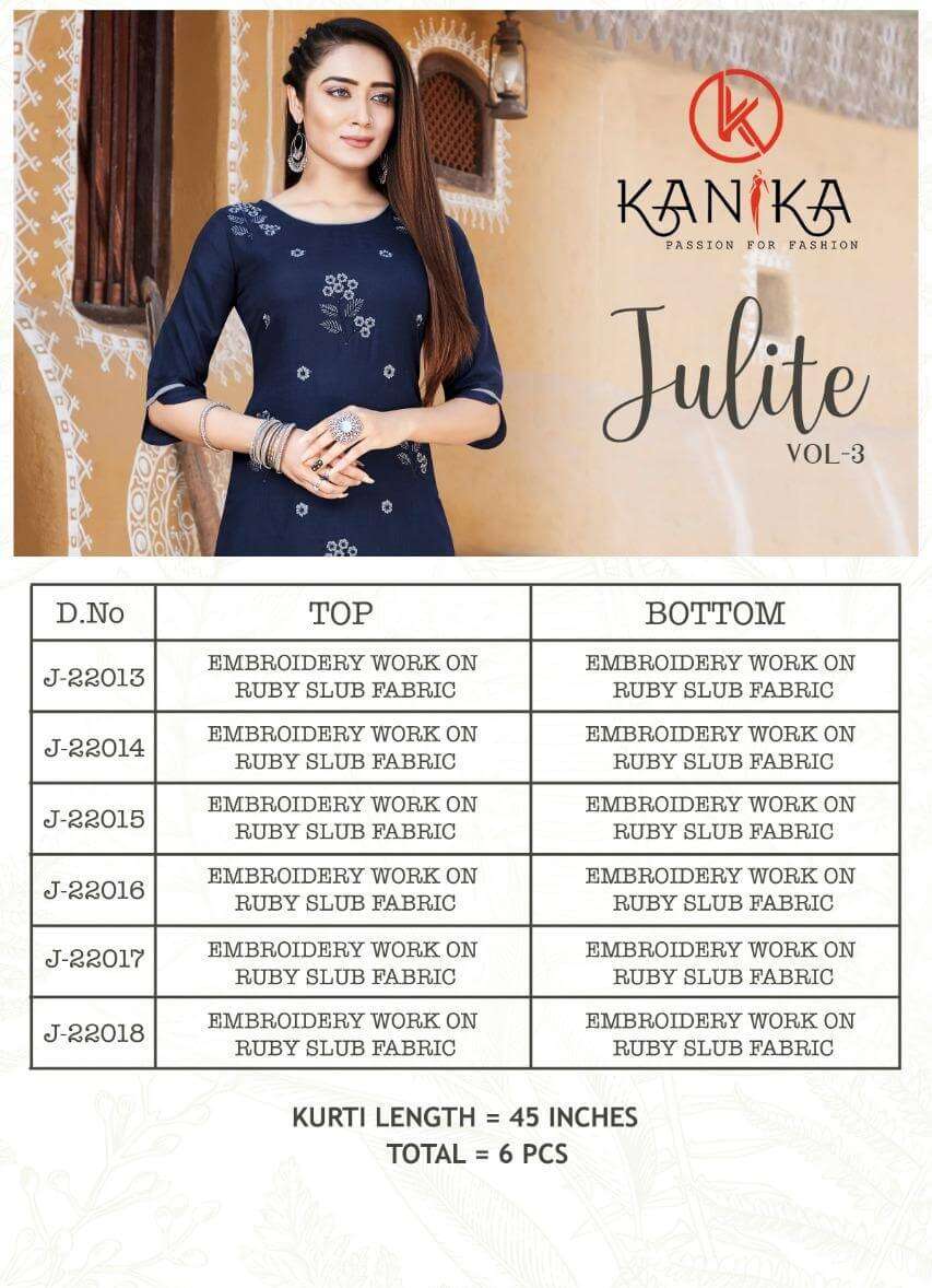 JULITE VOL-3 BY KANIKA 22013 TO 22018 SERIES DESIGNER STYLISH FANCY COLORFUL BEAUTIFUL PARTY WEAR & ETHNIC WEAR COLLECTION RUBY SLUB EMBROIDERY KURTIS WITH BOTTOM AT WHOLESALE PRICE