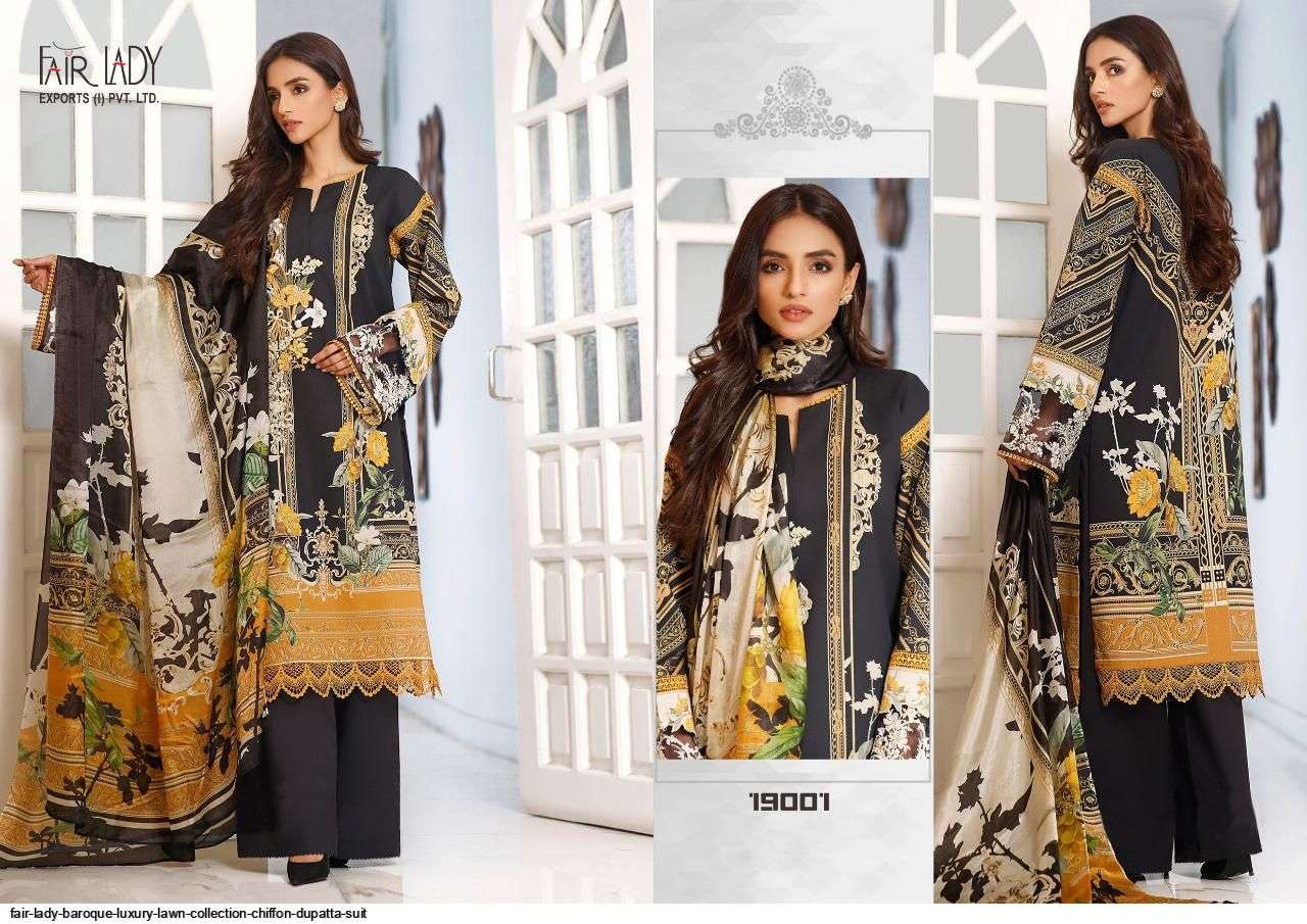 BAROQUE LUXURY LAWN COLLECTION BY FAIR LADY 19001 TO 19007 SERIES PAKISATNI SUITS BEAUTIFUL FANCY COLORFUL STYLISH PARTY WEAR & OCCASIONAL WEAR LAWN COTTON PRINT EMBROIDERED DRESSES AT WHOLESALE PRICE
