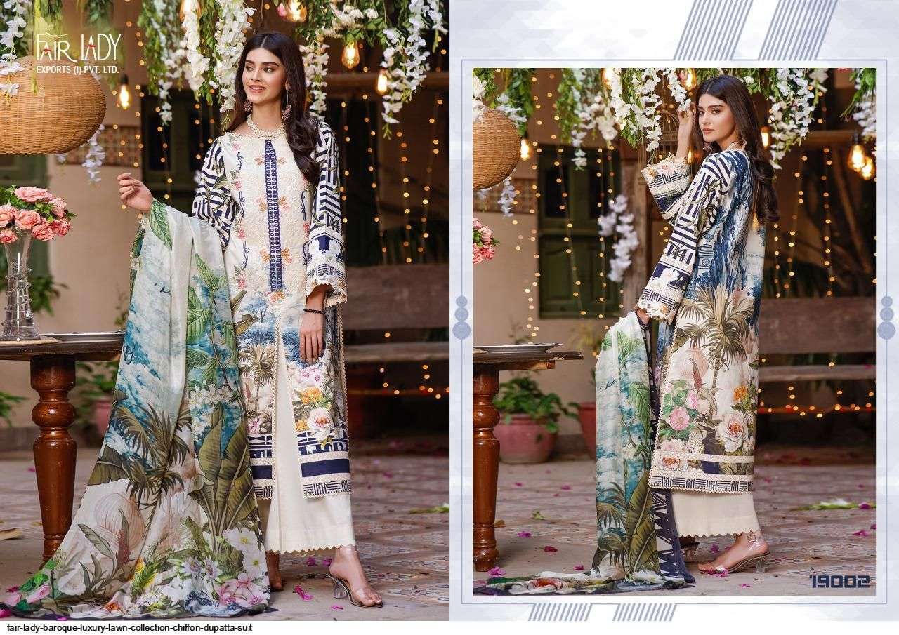 BAROQUE LUXURY LAWN COLLECTION BY FAIR LADY 19001 TO 19007 SERIES PAKISATNI SUITS BEAUTIFUL FANCY COLORFUL STYLISH PARTY WEAR & OCCASIONAL WEAR LAWN COTTON PRINT EMBROIDERED DRESSES AT WHOLESALE PRICE