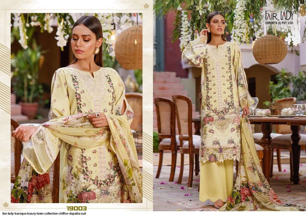 BAROQUE LUXURY LAWN COLLECTION BY FAIR LADY 19001 TO 19007 SERIES PAKISATNI SUITS BEAUTIFUL FANCY COLORFUL STYLISH PARTY WEAR & OCCASIONAL WEAR LAWN COTTON PRINT EMBROIDERED DRESSES AT WHOLESALE PRICE