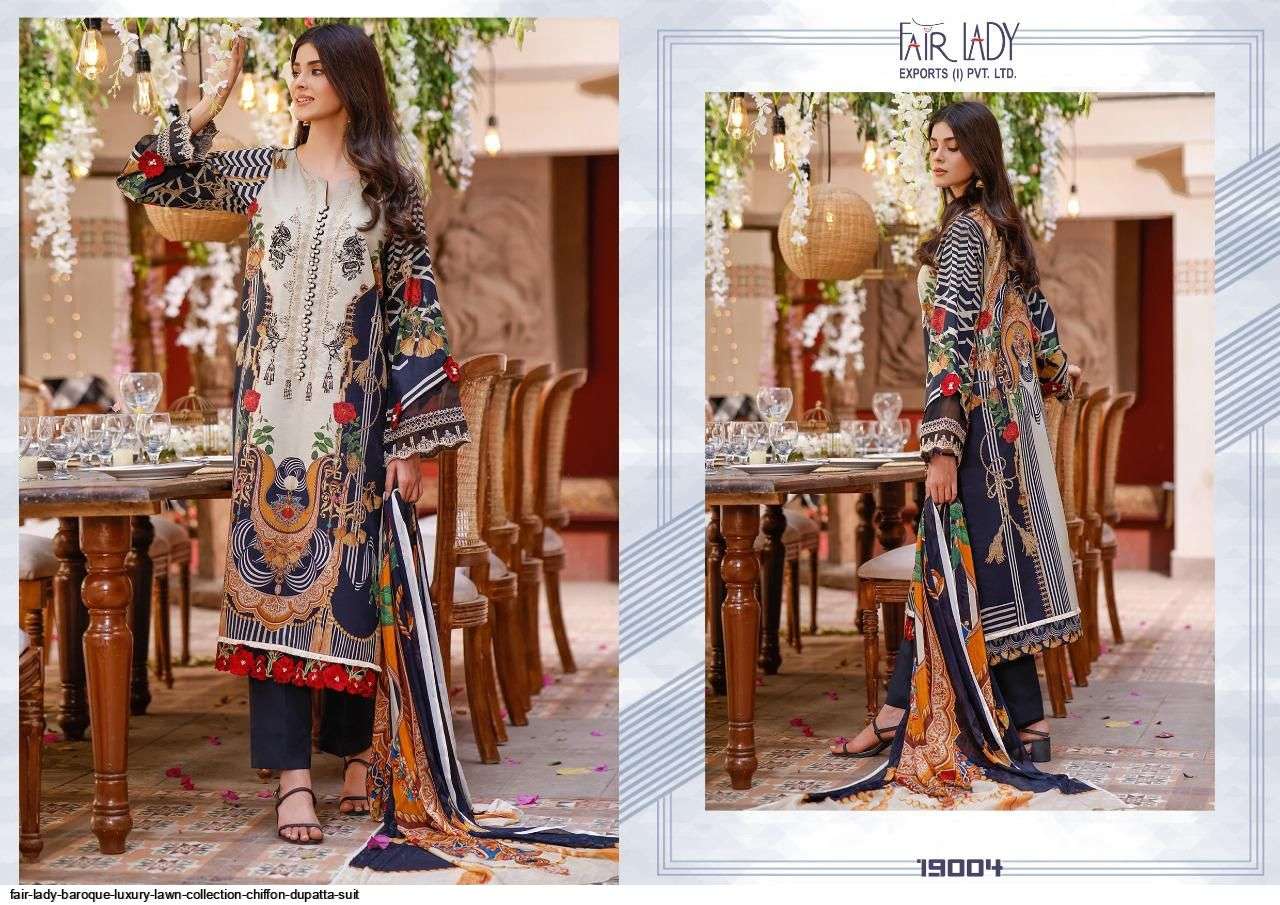 BAROQUE LUXURY LAWN COLLECTION BY FAIR LADY 19001 TO 19007 SERIES PAKISATNI SUITS BEAUTIFUL FANCY COLORFUL STYLISH PARTY WEAR & OCCASIONAL WEAR LAWN COTTON PRINT EMBROIDERED DRESSES AT WHOLESALE PRICE