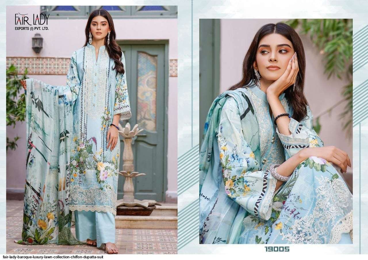BAROQUE LUXURY LAWN COLLECTION BY FAIR LADY 19001 TO 19007 SERIES PAKISATNI SUITS BEAUTIFUL FANCY COLORFUL STYLISH PARTY WEAR & OCCASIONAL WEAR LAWN COTTON PRINT EMBROIDERED DRESSES AT WHOLESALE PRICE
