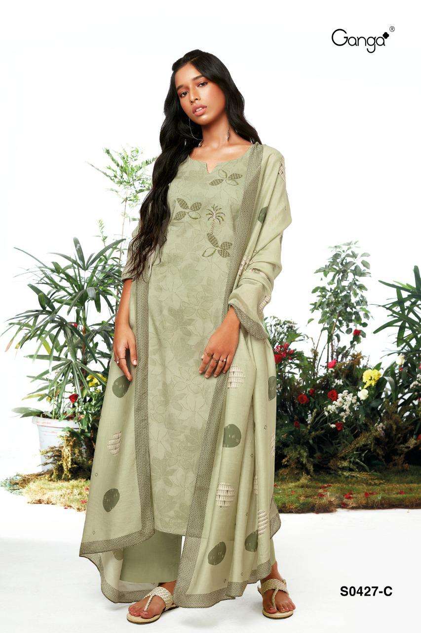 AMORY-427 BY GANGA FASHION 427-A TO 427-D SERIES BEAUTIFUL SUITS COLORFUL STYLISH FANCY CASUAL WEAR & ETHNIC WEAR PREMIUM COTTON PRINT WITH EMBROIDERY WORK DRESSES AT WHOLESALE PRICE