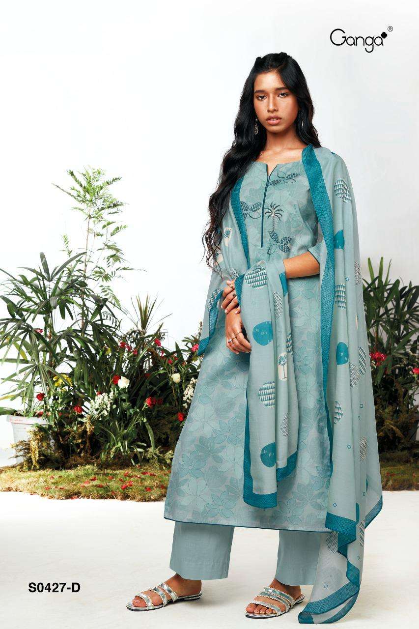 AMORY-427 BY GANGA FASHION 427-A TO 427-D SERIES BEAUTIFUL SUITS COLORFUL STYLISH FANCY CASUAL WEAR & ETHNIC WEAR PREMIUM COTTON PRINT WITH EMBROIDERY WORK DRESSES AT WHOLESALE PRICE
