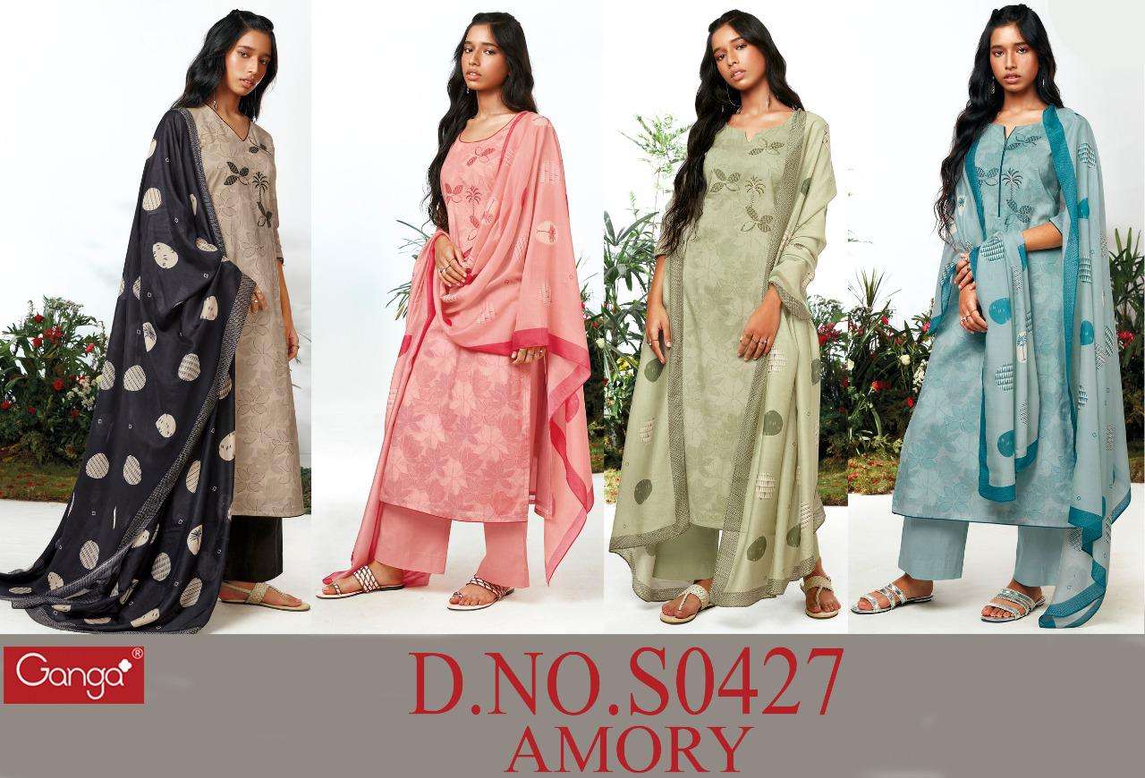 AMORY-427 BY GANGA FASHION 427-A TO 427-D SERIES BEAUTIFUL SUITS COLORFUL STYLISH FANCY CASUAL WEAR & ETHNIC WEAR PREMIUM COTTON PRINT WITH EMBROIDERY WORK DRESSES AT WHOLESALE PRICE