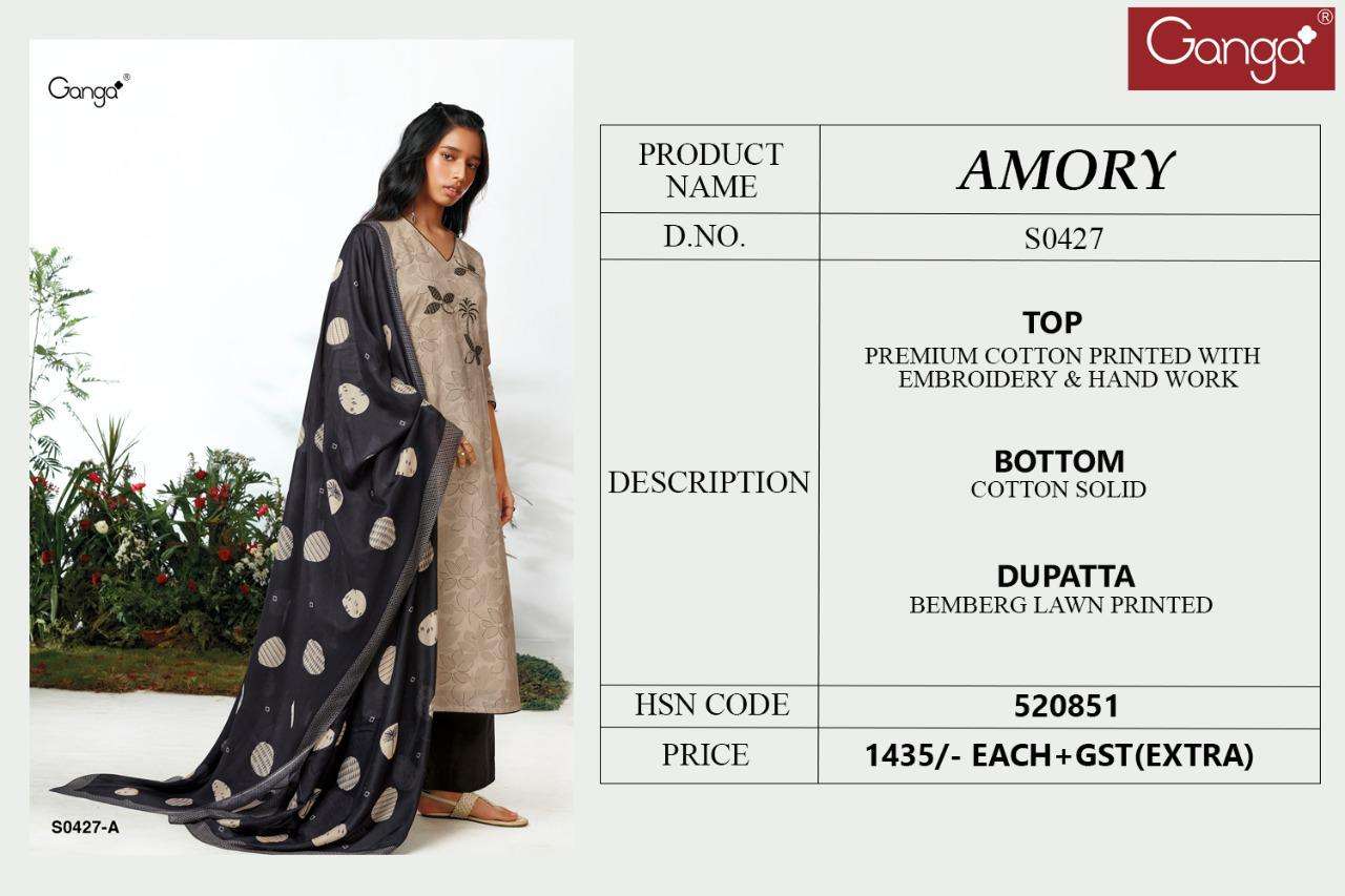 AMORY-427 BY GANGA FASHION 427-A TO 427-D SERIES BEAUTIFUL SUITS COLORFUL STYLISH FANCY CASUAL WEAR & ETHNIC WEAR PREMIUM COTTON PRINT WITH EMBROIDERY WORK DRESSES AT WHOLESALE PRICE