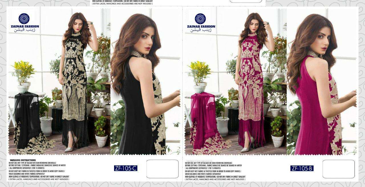 ZAINAB 105 COLOURS BY ZAINAB FASHION 105-B TO 105-C SERIES DESIGNER PAKISTANI SUITS BEAUTIFUL FANCY STYLISH COLORFUL PARTY WEAR & OCCASIONAL WEAR FAUX GEORGETTE WITH EMBROIDERY DRESSES AT WHOLESALE PRICE