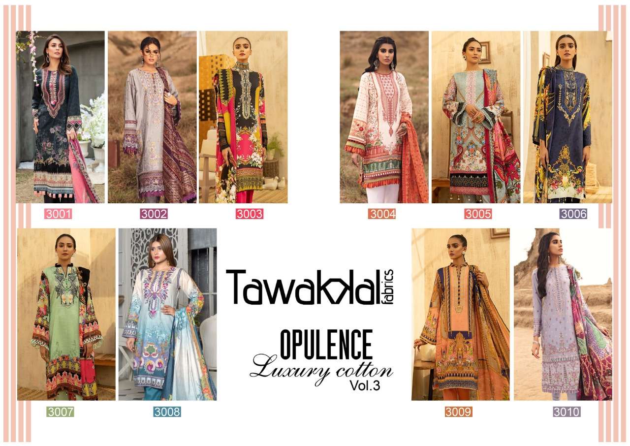 OPULENCE LUXURY COTTON VOL-3 BY TAWAKKAL FAB 3001 TO 3010 SERIES BEAUTIFUL SUITS COLORFUL STYLISH FANCY CASUAL WEAR & ETHNIC WEAR COTTON PRINT DRESSES AT WHOLESALE PRICE