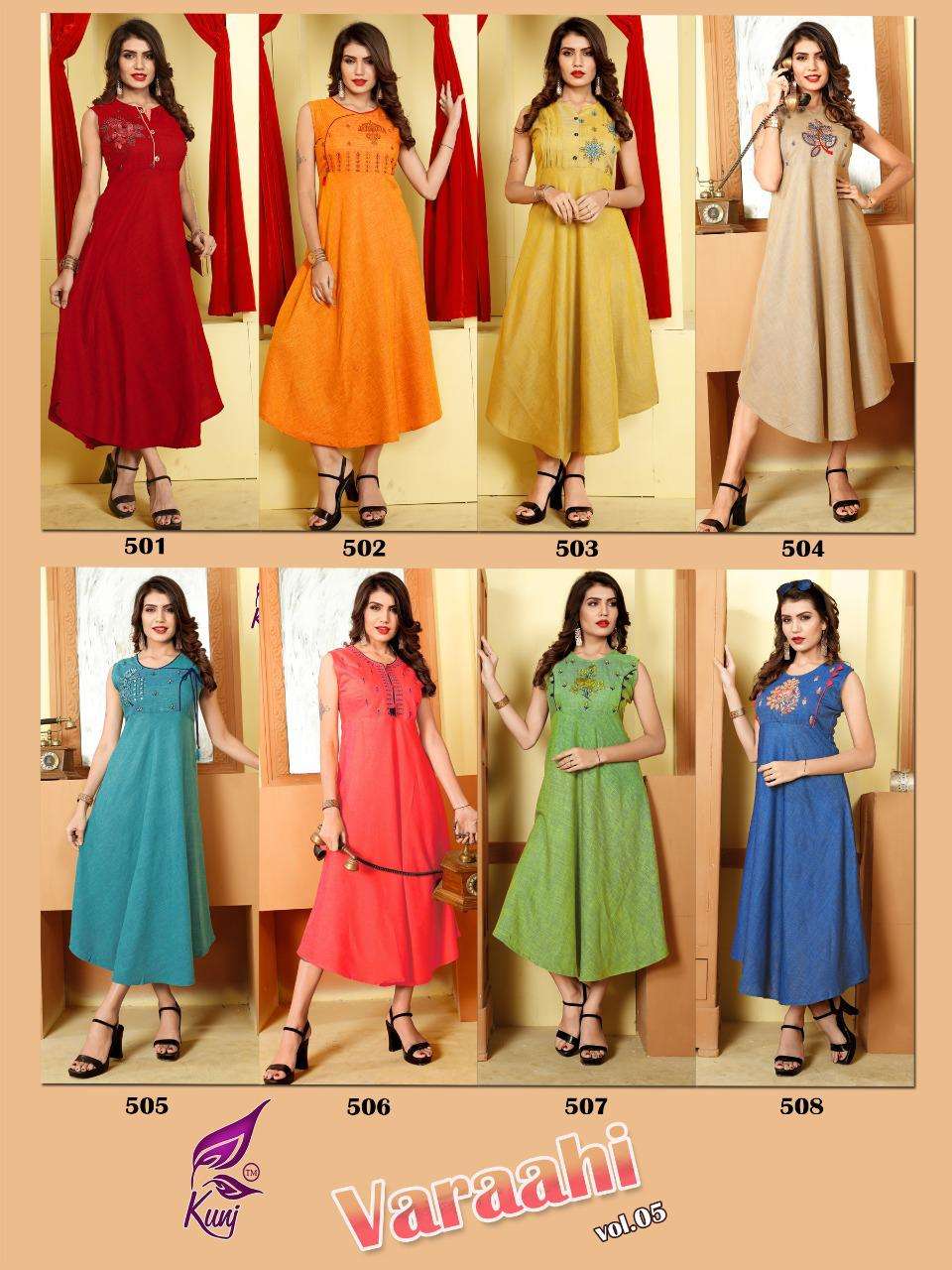 VARAHI VOL-5 BY KUNJ 501 TO 508 SERIES DESIGNER STYLISH FANCY COLORFUL BEAUTIFUL PARTY WEAR & ETHNIC WEAR COLLECTION HEAVY TWO TONE RAYON KURTIS AT WHOLESALE PRICE