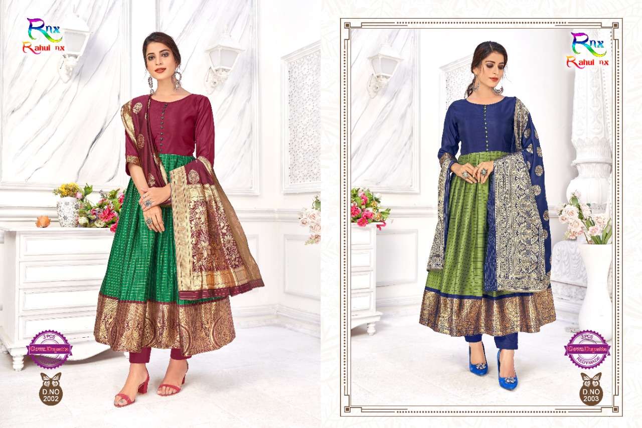 KULFI VOL-2 BY RAHUL NX 2001 TO 2008 SERIES BEAUTIFUL STYLISH FANCY COLORFUL CASUAL WEAR & ETHNIC WEAR BANARASI SILK JACQUARD GOWNS WITH DUPATTA AT WHOLESALE PRICE