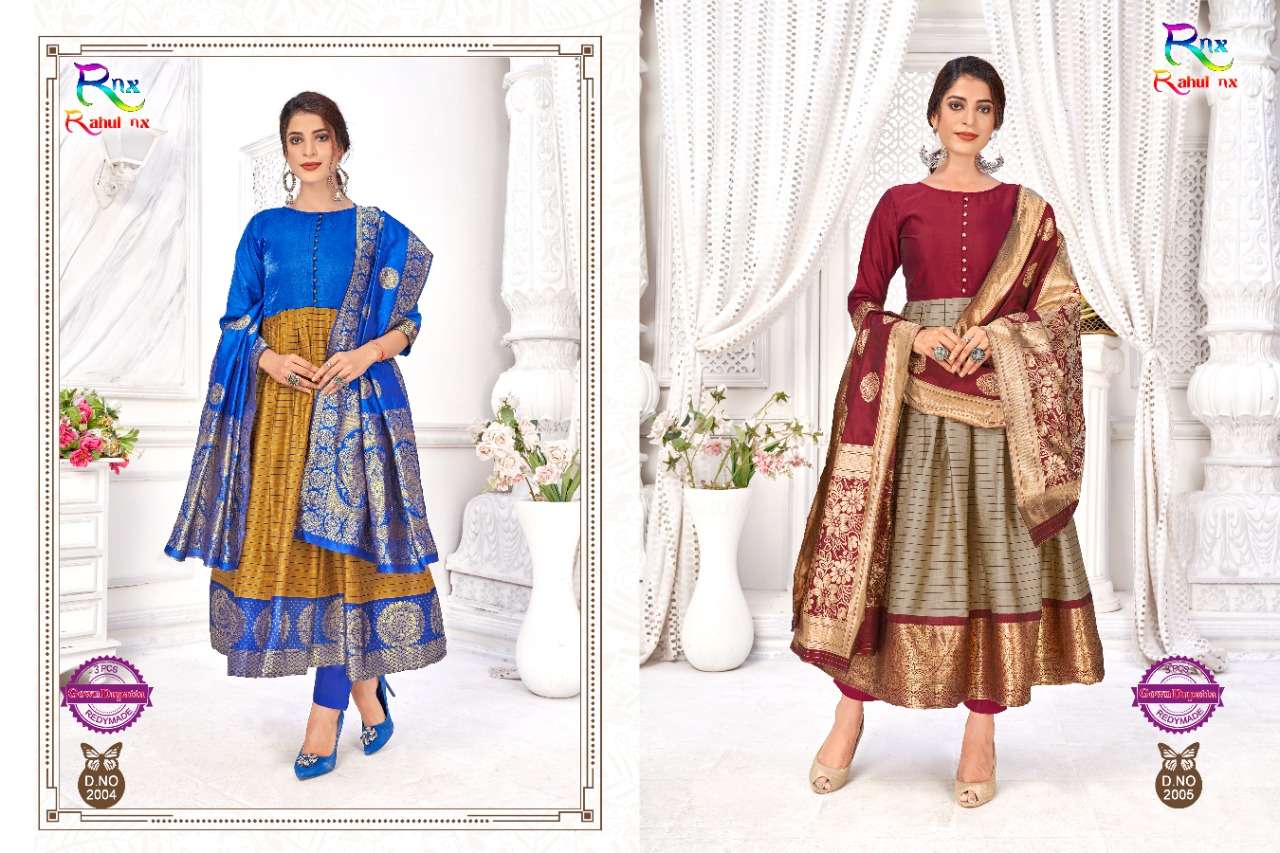 KULFI VOL-2 BY RAHUL NX 2001 TO 2008 SERIES BEAUTIFUL STYLISH FANCY COLORFUL CASUAL WEAR & ETHNIC WEAR BANARASI SILK JACQUARD GOWNS WITH DUPATTA AT WHOLESALE PRICE
