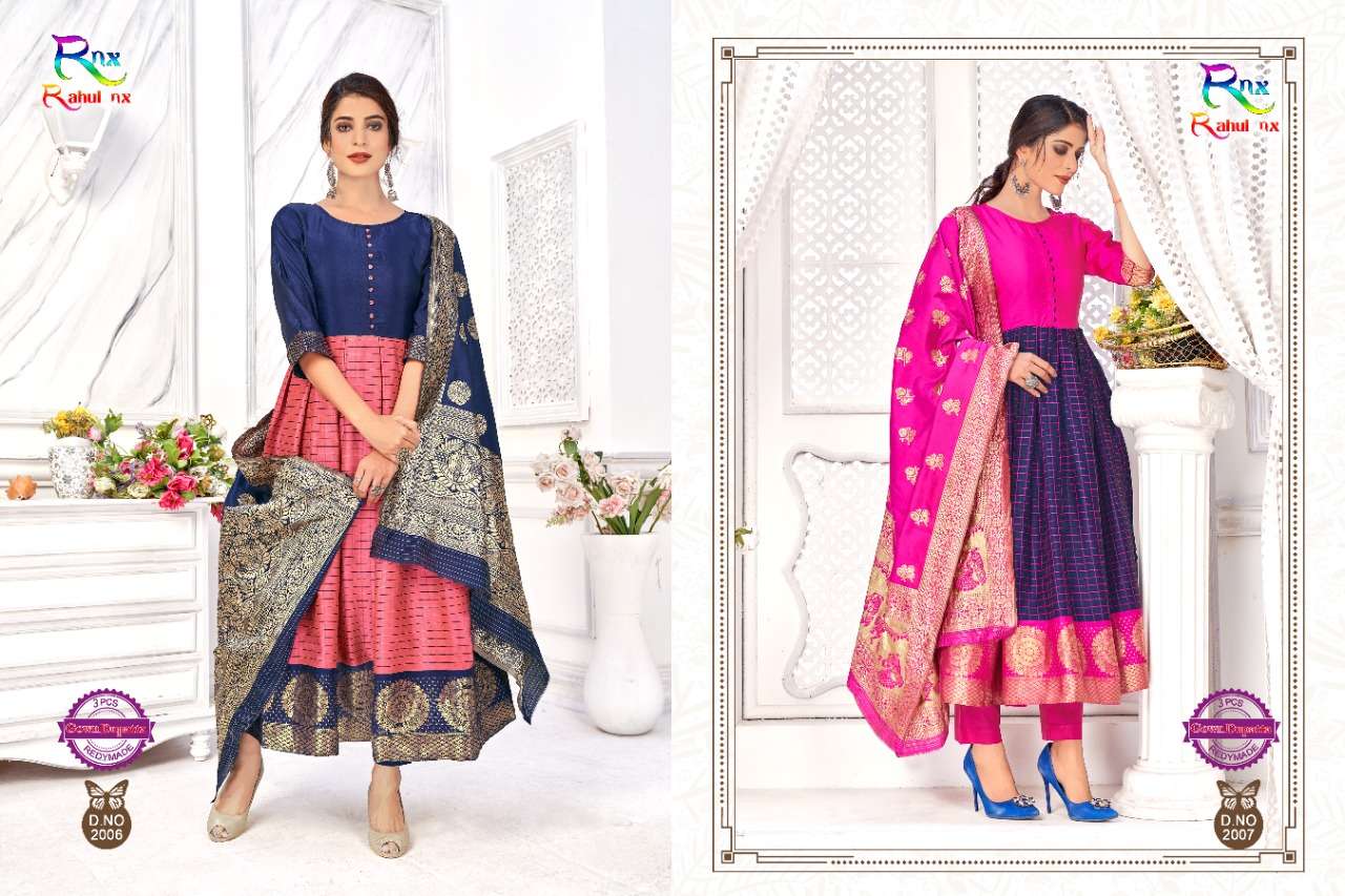 KULFI VOL-2 BY RAHUL NX 2001 TO 2008 SERIES BEAUTIFUL STYLISH FANCY COLORFUL CASUAL WEAR & ETHNIC WEAR BANARASI SILK JACQUARD GOWNS WITH DUPATTA AT WHOLESALE PRICE
