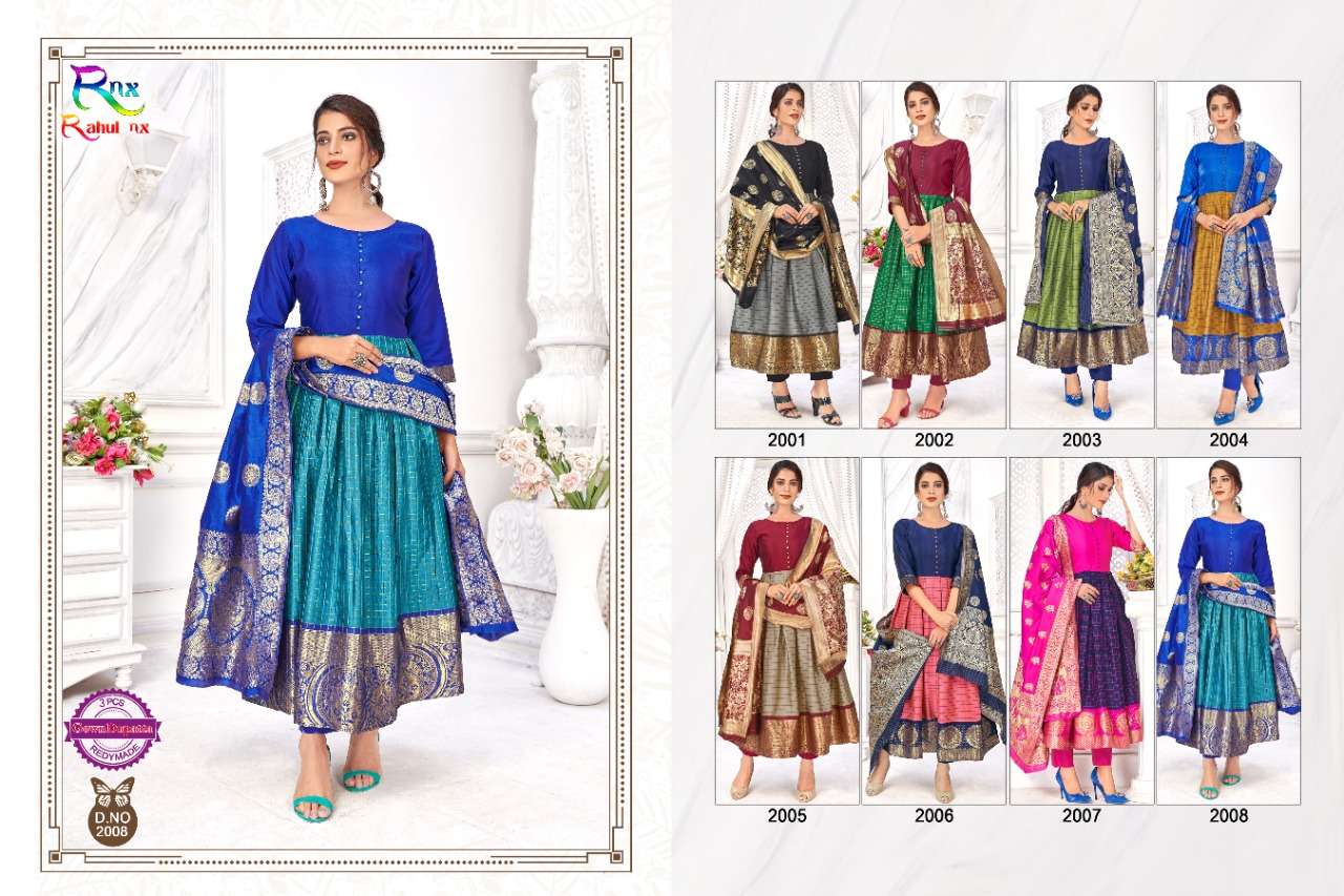 KULFI VOL-2 BY RAHUL NX 2001 TO 2008 SERIES BEAUTIFUL STYLISH FANCY COLORFUL CASUAL WEAR & ETHNIC WEAR BANARASI SILK JACQUARD GOWNS WITH DUPATTA AT WHOLESALE PRICE