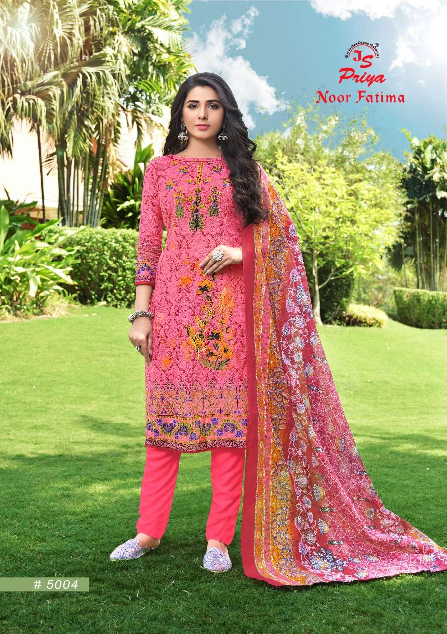 NOOR FATIMA VOL-5 BY J S PRIYA 5001 TO 5010 SERIES BEAUTIFUL SUITS COLORFUL STYLISH FANCY CASUAL WEAR & ETHNIC WEAR PURE COTTON DRESSES AT WHOLESALE PRICE