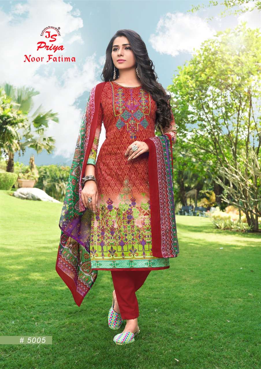 NOOR FATIMA VOL-5 BY J S PRIYA 5001 TO 5010 SERIES BEAUTIFUL SUITS COLORFUL STYLISH FANCY CASUAL WEAR & ETHNIC WEAR PURE COTTON DRESSES AT WHOLESALE PRICE