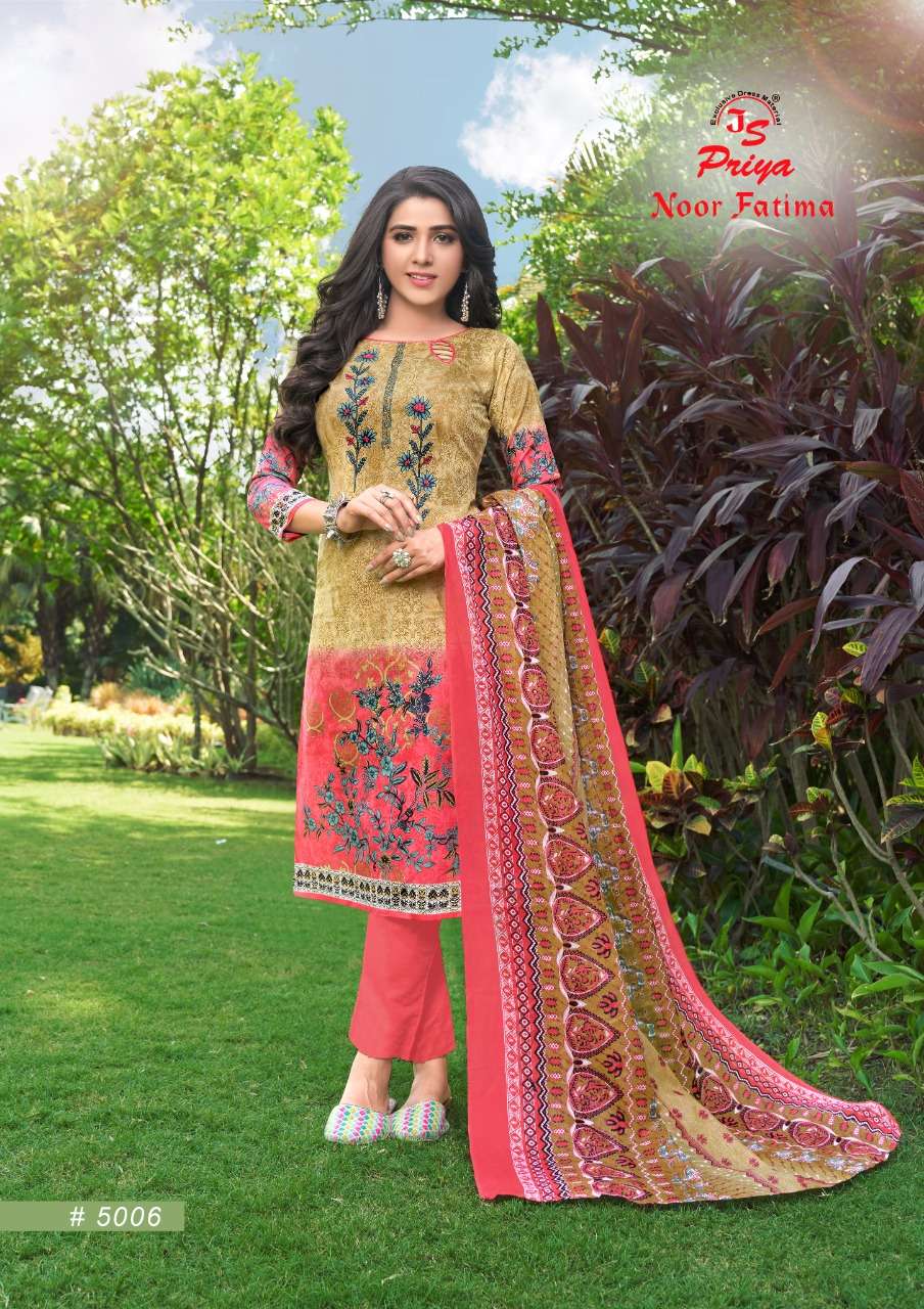 NOOR FATIMA VOL-5 BY J S PRIYA 5001 TO 5010 SERIES BEAUTIFUL SUITS COLORFUL STYLISH FANCY CASUAL WEAR & ETHNIC WEAR PURE COTTON DRESSES AT WHOLESALE PRICE