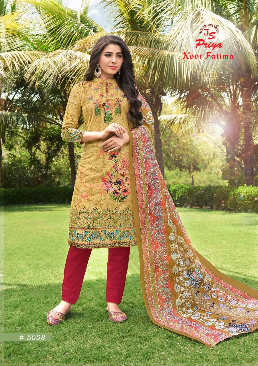 NOOR FATIMA VOL-5 BY J S PRIYA 5001 TO 5010 SERIES BEAUTIFUL SUITS COLORFUL STYLISH FANCY CASUAL WEAR & ETHNIC WEAR PURE COTTON DRESSES AT WHOLESALE PRICE