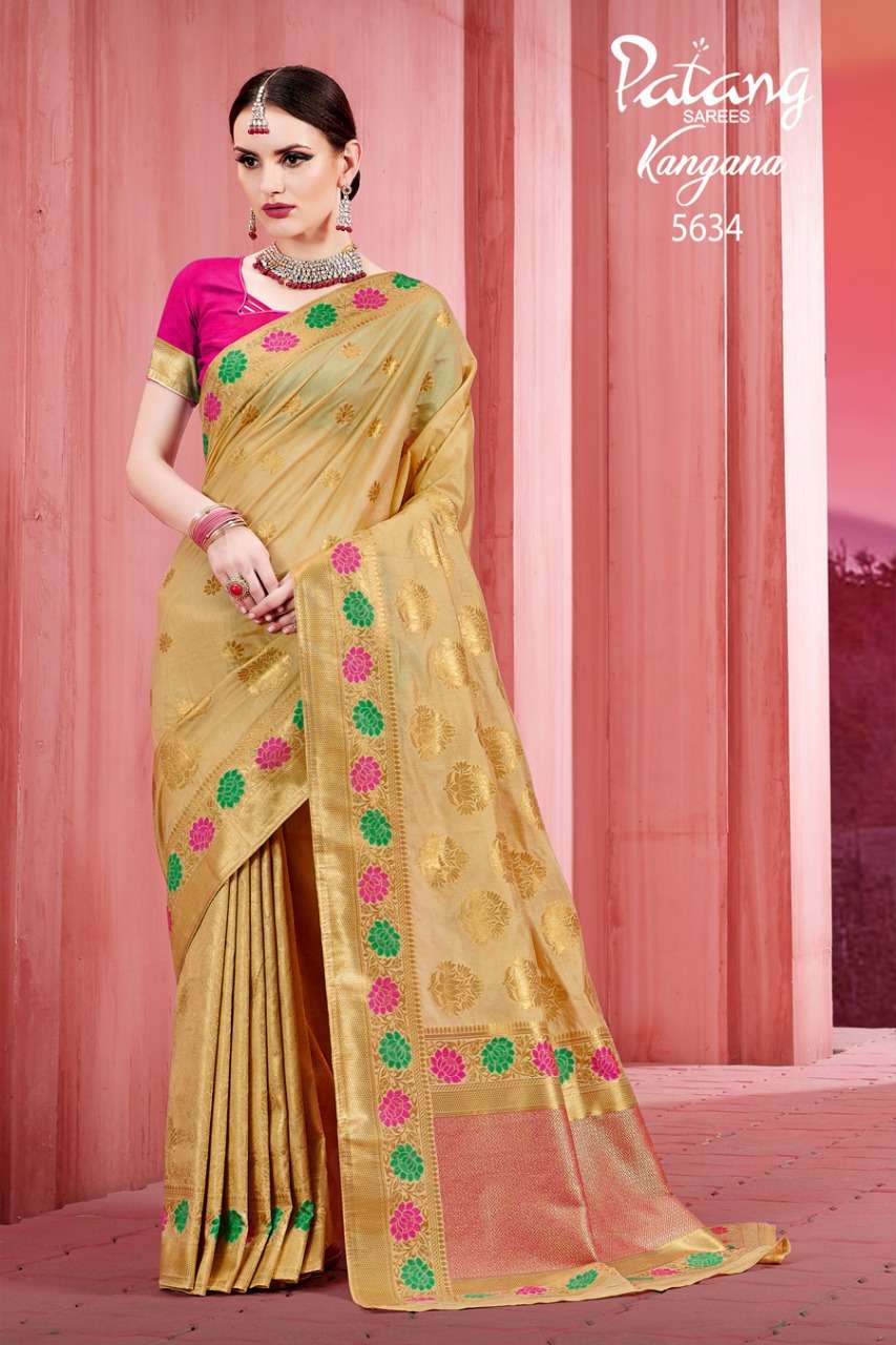 KANGANA BY PATANG SAREES 5631 TO 5637 SERIES INDIAN TRADITIONAL WEAR COLLECTION BEAUTIFUL STYLISH FANCY COLORFUL PARTY WEAR & OCCASIONAL WEAR SOFT SILK SAREES AT WHOLESALE PRICE