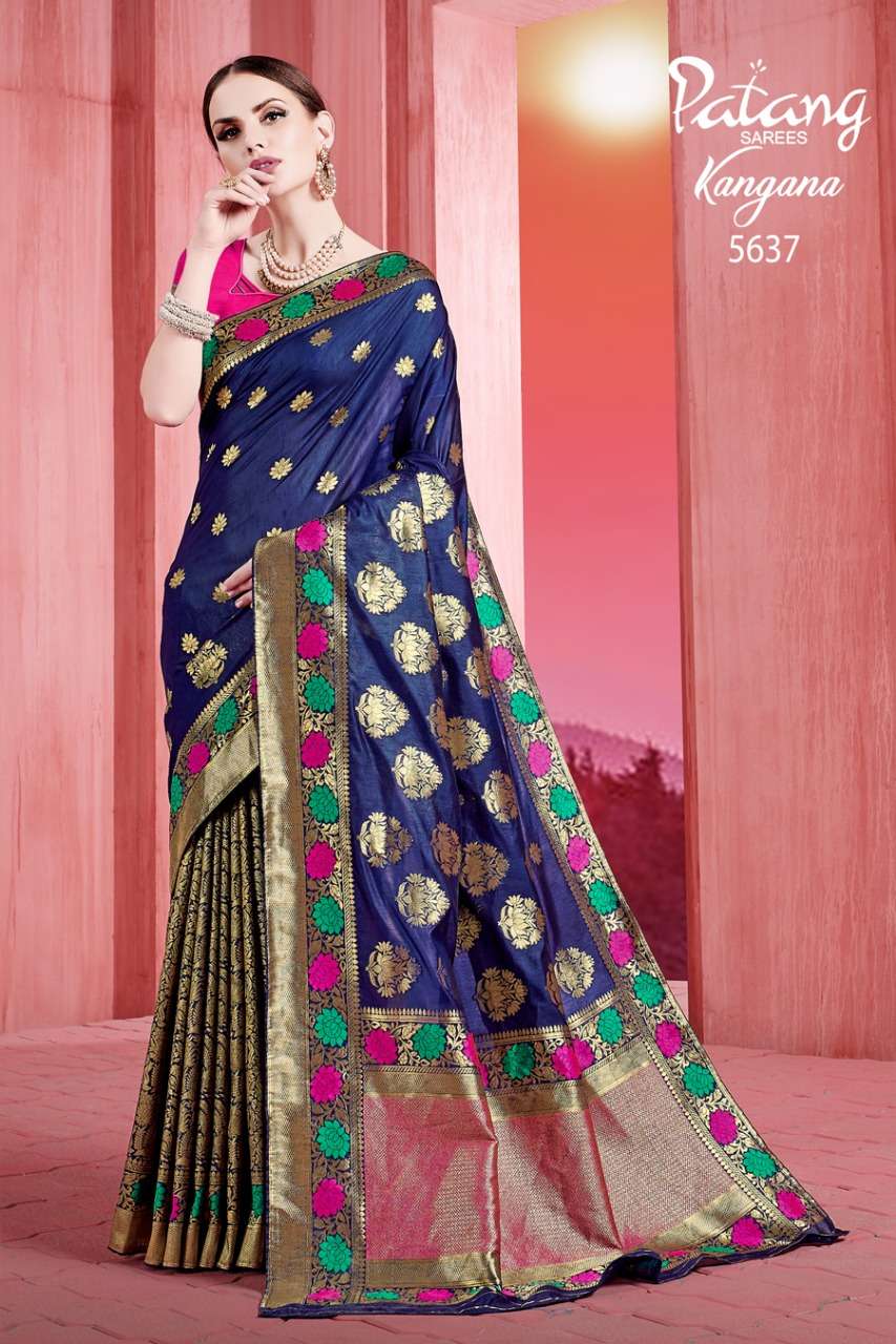 KANGANA BY PATANG SAREES 5631 TO 5637 SERIES INDIAN TRADITIONAL WEAR COLLECTION BEAUTIFUL STYLISH FANCY COLORFUL PARTY WEAR & OCCASIONAL WEAR SOFT SILK SAREES AT WHOLESALE PRICE