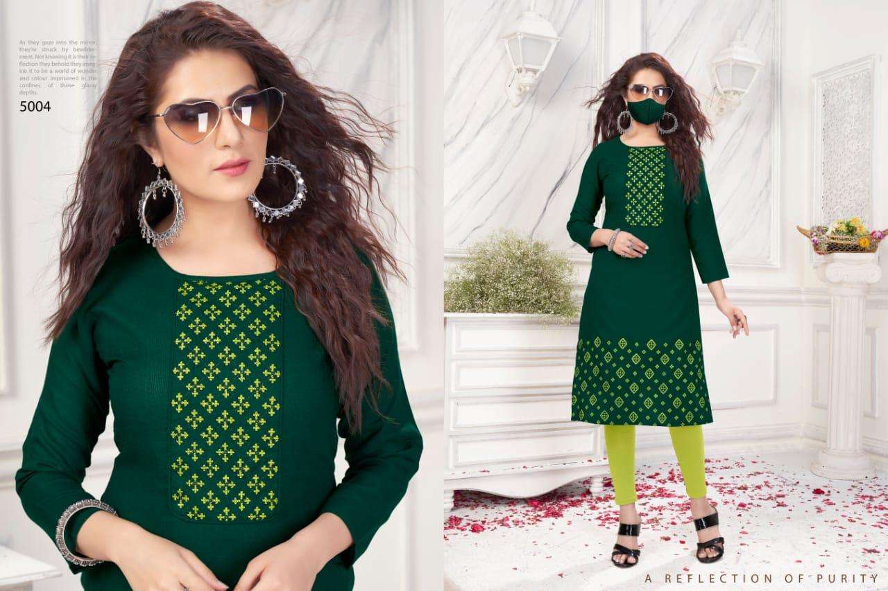 CHINGARI VOL-5 BY NITISHA NX 5001 TO 5010 SERIES BEAUTIFUL STYLISH FANCY COLORFUL CASUAL WEAR & ETHNIC WEAR & READY TO WEAR HEAVY SOFT COTTON SLUB EMBROIDERED KURTIS WITH MASK AT WHOLESALE PRICE
