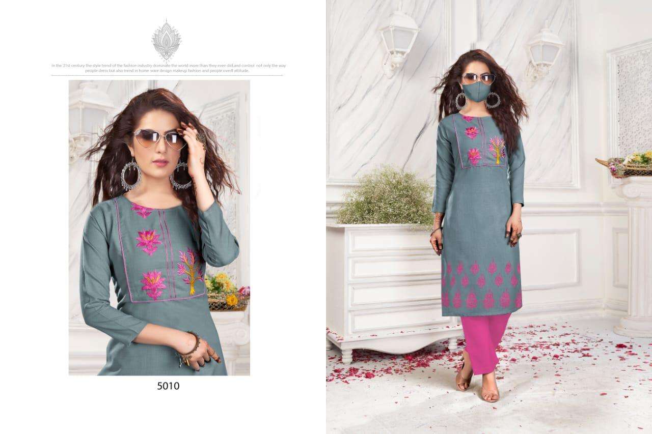 CHINGARI VOL-5 BY NITISHA NX 5001 TO 5010 SERIES BEAUTIFUL STYLISH FANCY COLORFUL CASUAL WEAR & ETHNIC WEAR & READY TO WEAR HEAVY SOFT COTTON SLUB EMBROIDERED KURTIS WITH MASK AT WHOLESALE PRICE