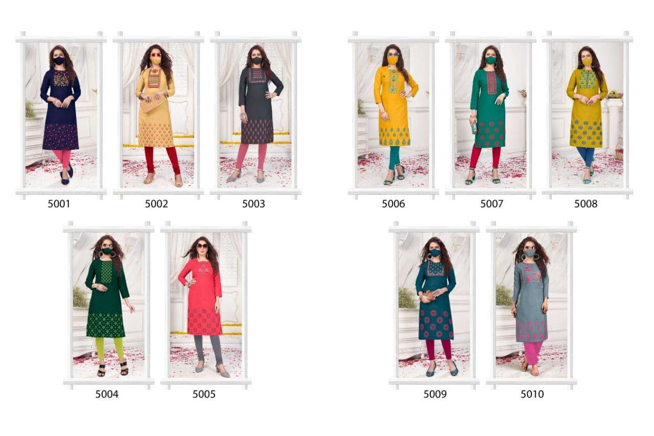 CHINGARI VOL-5 BY NITISHA NX 5001 TO 5010 SERIES BEAUTIFUL STYLISH FANCY COLORFUL CASUAL WEAR & ETHNIC WEAR & READY TO WEAR HEAVY SOFT COTTON SLUB EMBROIDERED KURTIS WITH MASK AT WHOLESALE PRICE