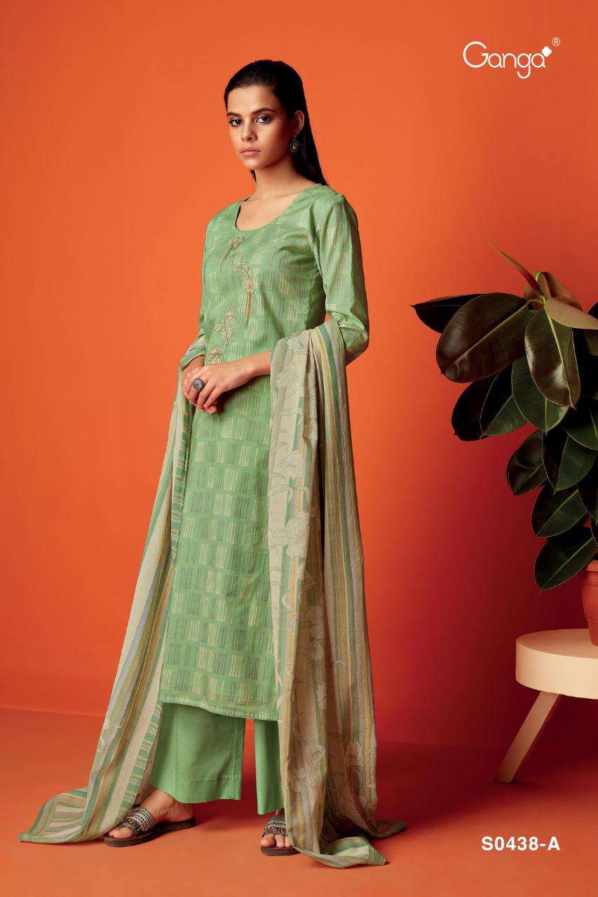 MISTY-438 BY GANGA FASHION 438-A TO 438-D SERIES BEAUTIFUL SUITS COLORFUL STYLISH FANCY CASUAL WEAR & ETHNIC WEAR PREMIUM COTTON PRINT WITH EMBROIDERY WORK DRESSES AT WHOLESALE PRICE