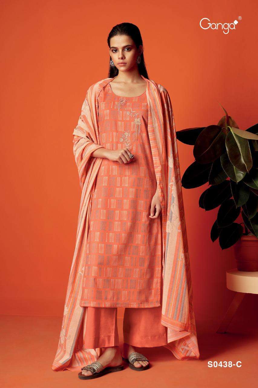 MISTY-438 BY GANGA FASHION 438-A TO 438-D SERIES BEAUTIFUL SUITS COLORFUL STYLISH FANCY CASUAL WEAR & ETHNIC WEAR PREMIUM COTTON PRINT WITH EMBROIDERY WORK DRESSES AT WHOLESALE PRICE