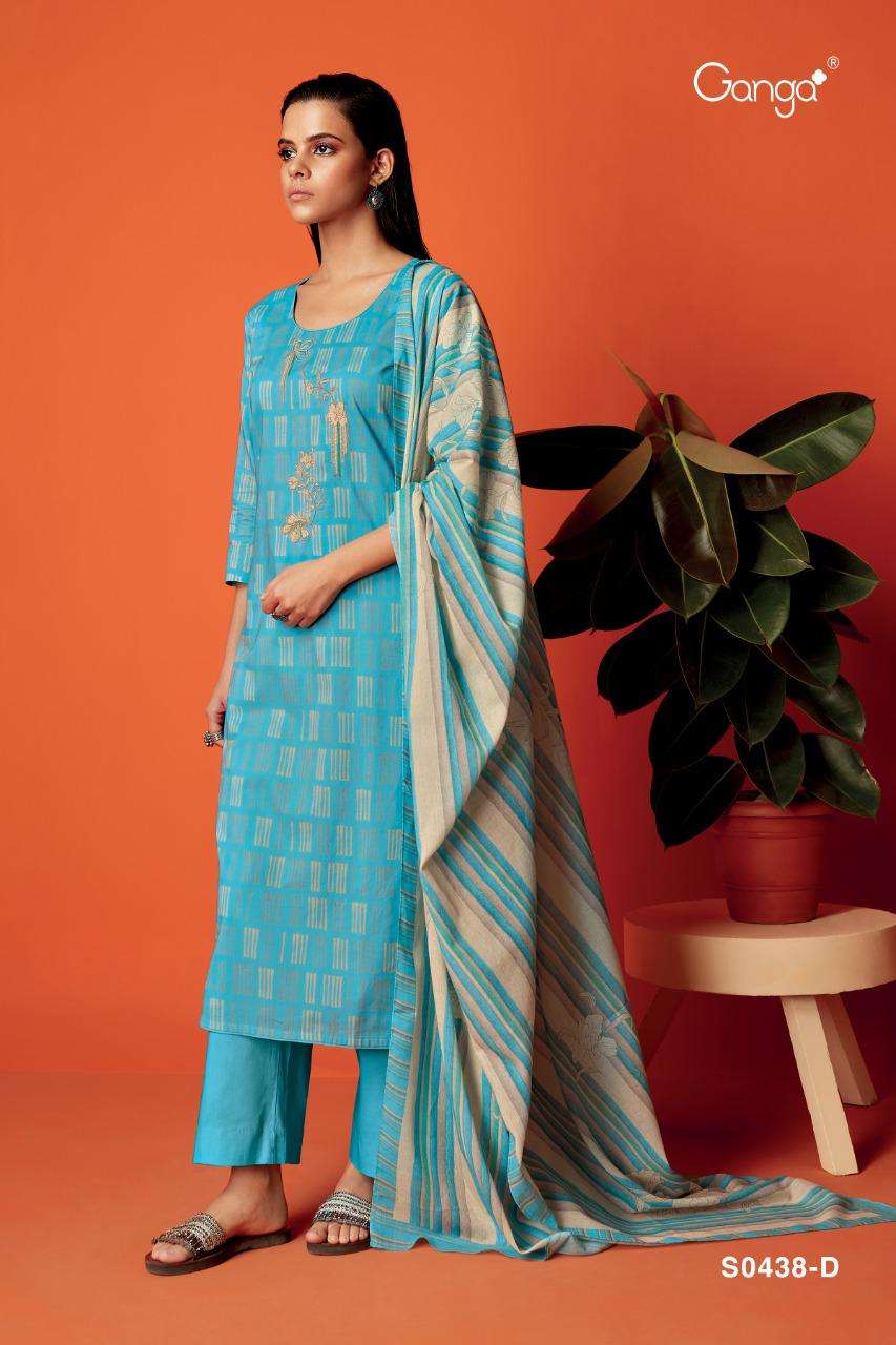 MISTY-438 BY GANGA FASHION 438-A TO 438-D SERIES BEAUTIFUL SUITS COLORFUL STYLISH FANCY CASUAL WEAR & ETHNIC WEAR PREMIUM COTTON PRINT WITH EMBROIDERY WORK DRESSES AT WHOLESALE PRICE