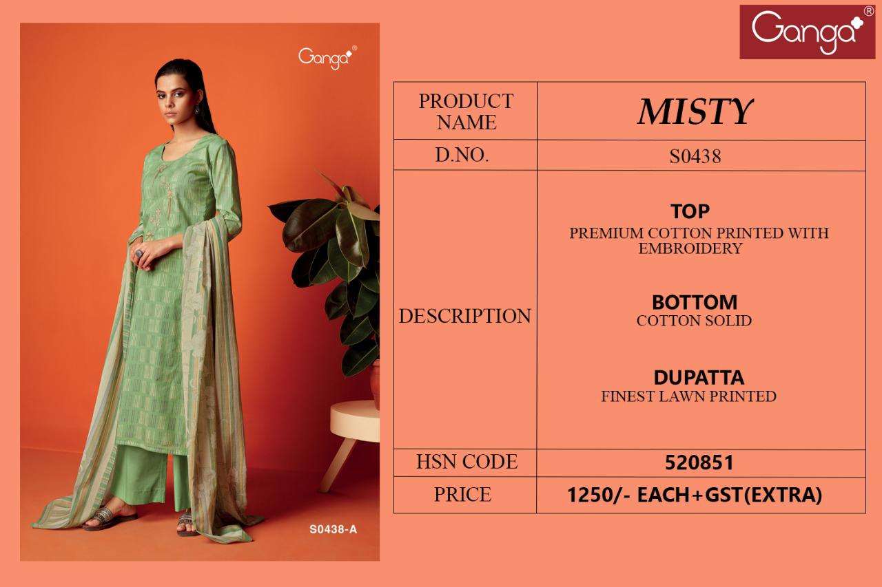 MISTY-438 BY GANGA FASHION 438-A TO 438-D SERIES BEAUTIFUL SUITS COLORFUL STYLISH FANCY CASUAL WEAR & ETHNIC WEAR PREMIUM COTTON PRINT WITH EMBROIDERY WORK DRESSES AT WHOLESALE PRICE