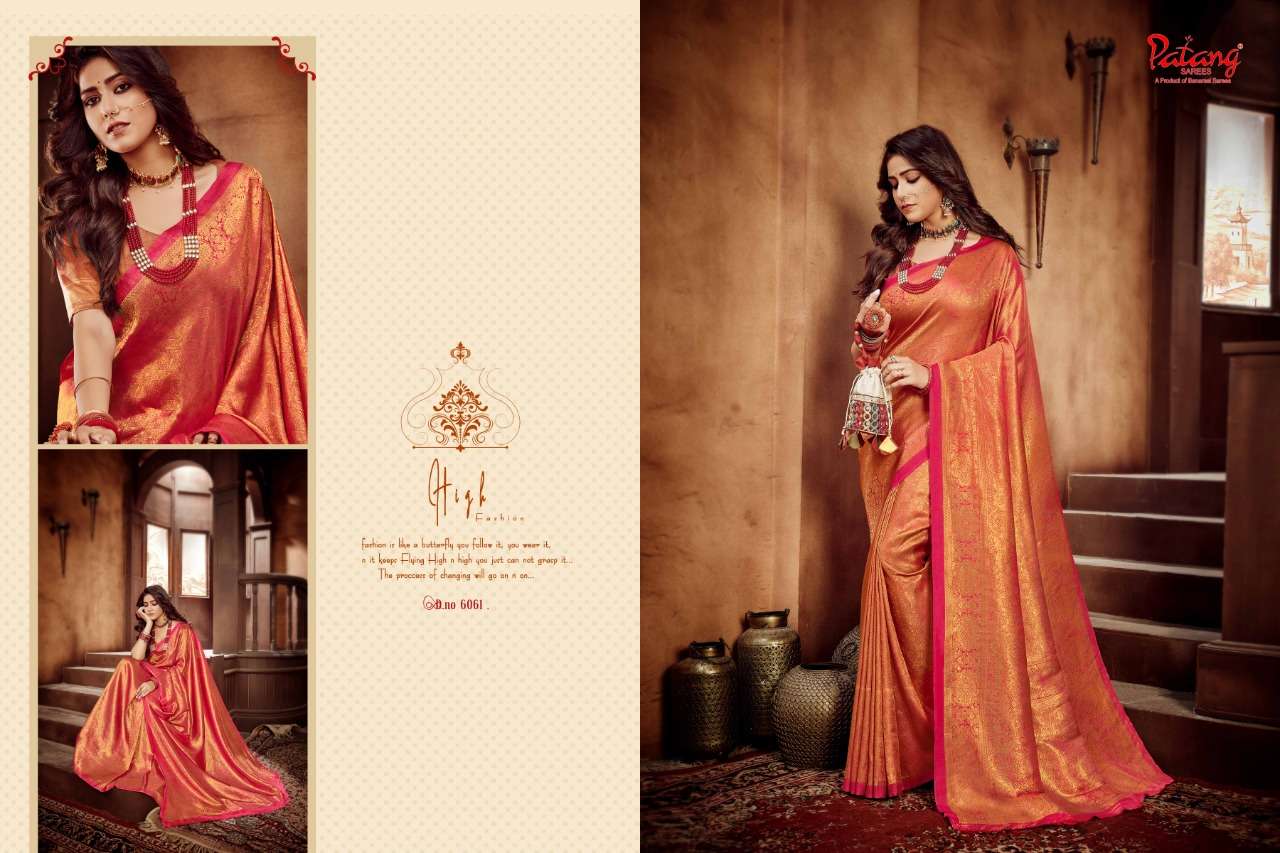 TEJASWINI BY PATANG SAREES 6061 TO 6068 SERIES INDIAN TRADITIONAL WEAR COLLECTION BEAUTIFUL STYLISH FANCY COLORFUL PARTY WEAR & OCCASIONAL WEAR SOFT SILK SAREES AT WHOLESALE PRICE
