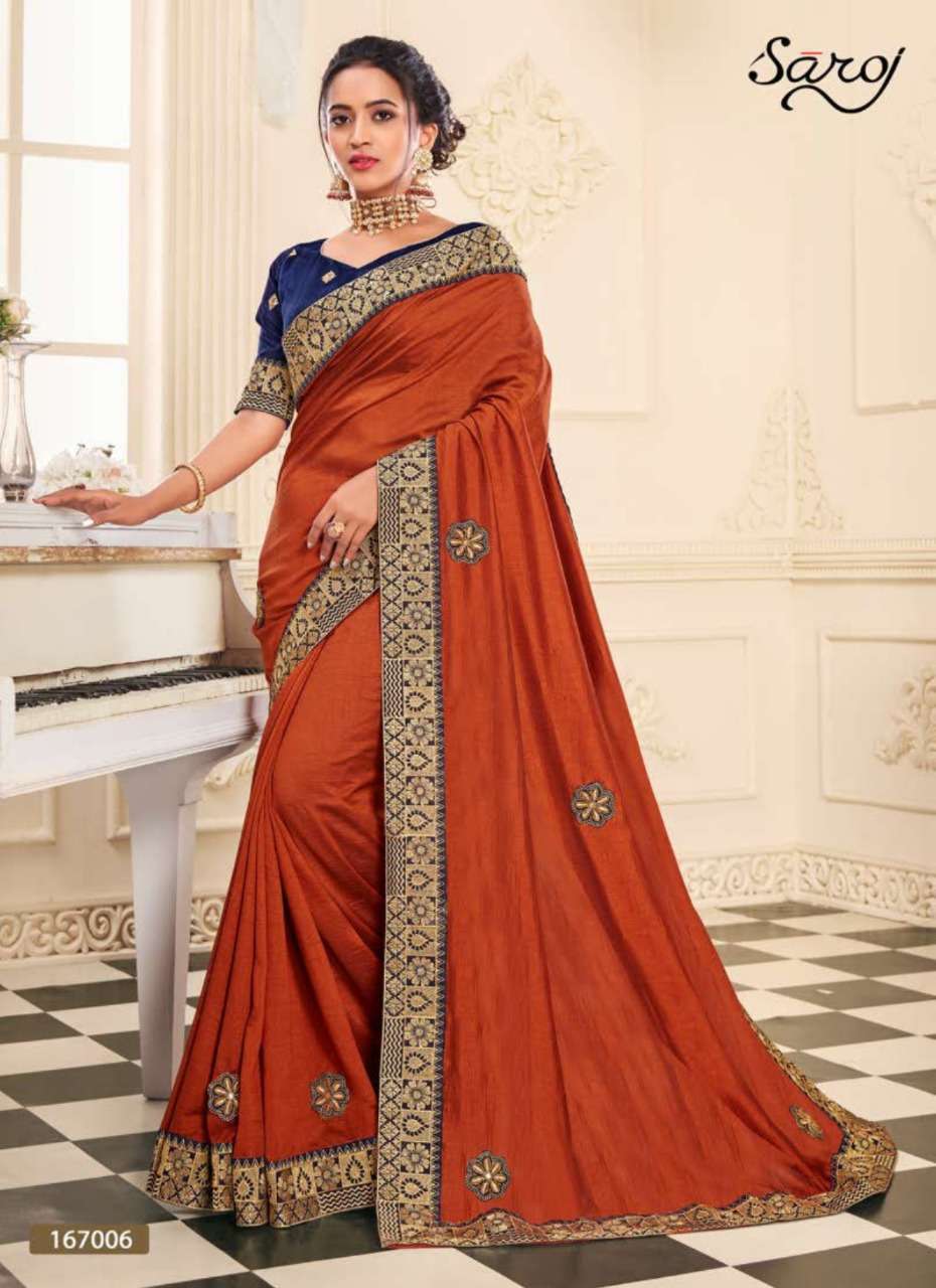 SUMAN SANDHYA BY SAROJ 167001 TO 167006 SERIES INDIAN TRADITIONAL WEAR COLLECTION BEAUTIFUL STYLISH FANCY COLORFUL PARTY WEAR & OCCASIONAL WEAR VICHITRA SILK SAREES AT WHOLESALE PRICE