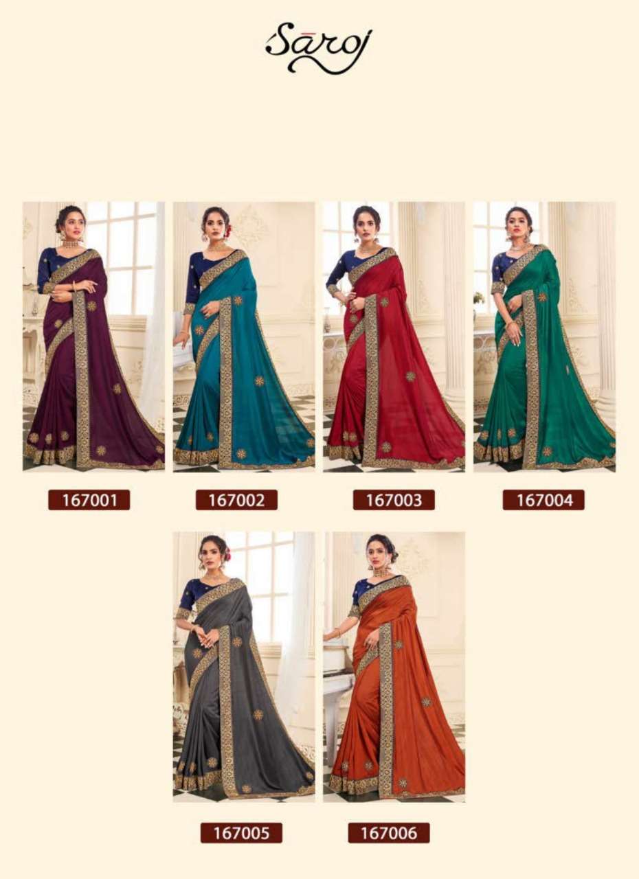 SUMAN SANDHYA BY SAROJ 167001 TO 167006 SERIES INDIAN TRADITIONAL WEAR COLLECTION BEAUTIFUL STYLISH FANCY COLORFUL PARTY WEAR & OCCASIONAL WEAR VICHITRA SILK SAREES AT WHOLESALE PRICE