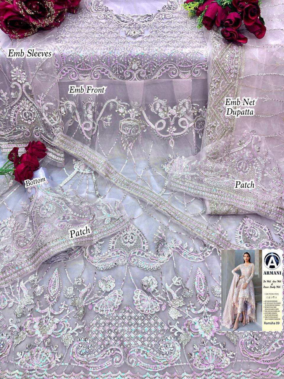 RAMSHA 09 BY ARMANI PAKISTANI SUITS BEAUTIFUL FANCY COLORFUL STYLISH PARTY WEAR & OCCASIONAL WEAR BUTTERFLY NET WITH EMBROIDERY DRESSES AT WHOLESALE PRICE