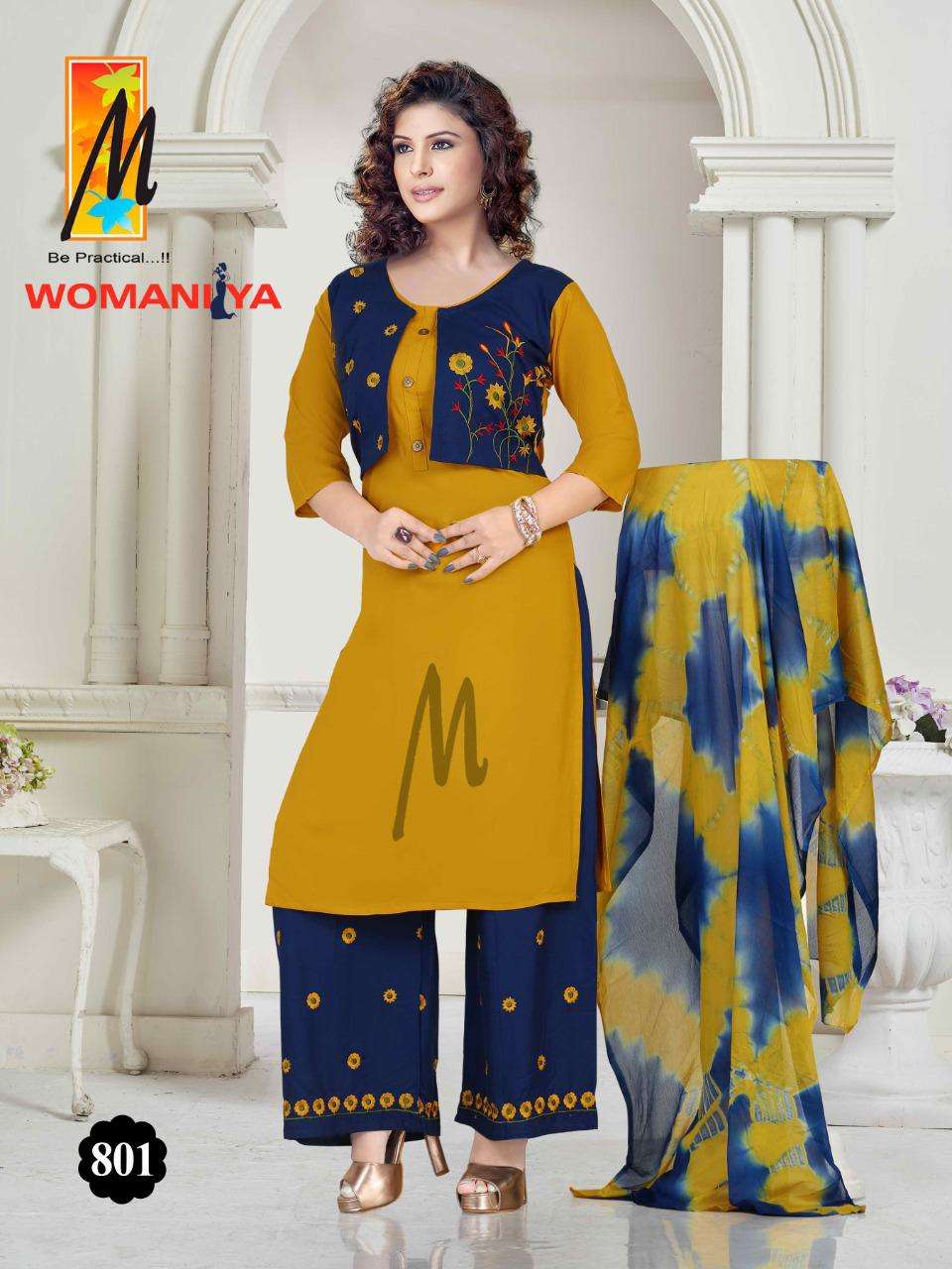 WOMANIYA BY M BE PRACTICAL 801 TO 808 SERIES BEAUTIFUL SUITS COLORFUL STYLISH FANCY CASUAL WEAR & ETHNIC WEAR RAYON WITH WORK DRESSES AT WHOLESALE PRICE