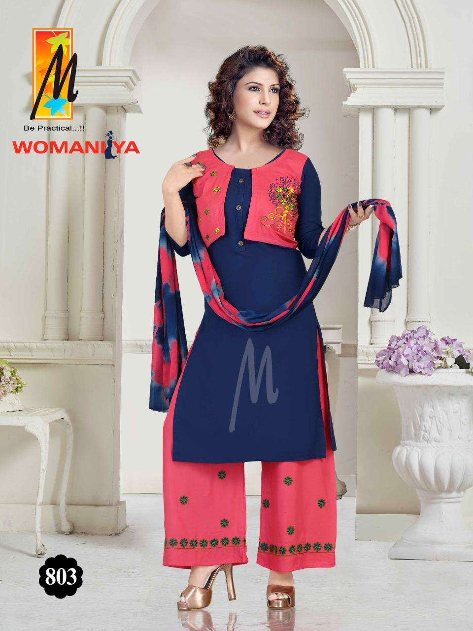 WOMANIYA BY M BE PRACTICAL 801 TO 808 SERIES BEAUTIFUL SUITS COLORFUL STYLISH FANCY CASUAL WEAR & ETHNIC WEAR RAYON WITH WORK DRESSES AT WHOLESALE PRICE