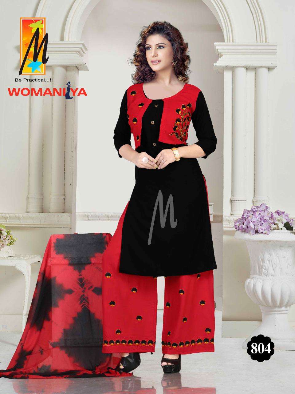 WOMANIYA BY M BE PRACTICAL 801 TO 808 SERIES BEAUTIFUL SUITS COLORFUL STYLISH FANCY CASUAL WEAR & ETHNIC WEAR RAYON WITH WORK DRESSES AT WHOLESALE PRICE