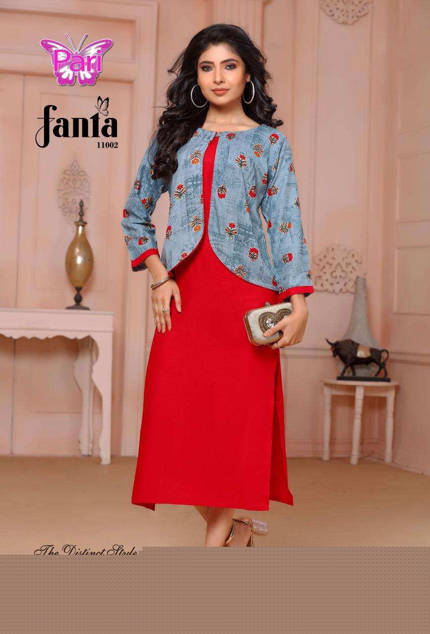 FANTA VOL-11 BY PARI 11001 TO 11008 SERIES DESIGNER STYLISH FANCY COLORFUL BEAUTIFUL PARTY WEAR & ETHNIC WEAR COLLECTION RAYON KURTIS WITH KOTI AT WHOLESALE PRICE