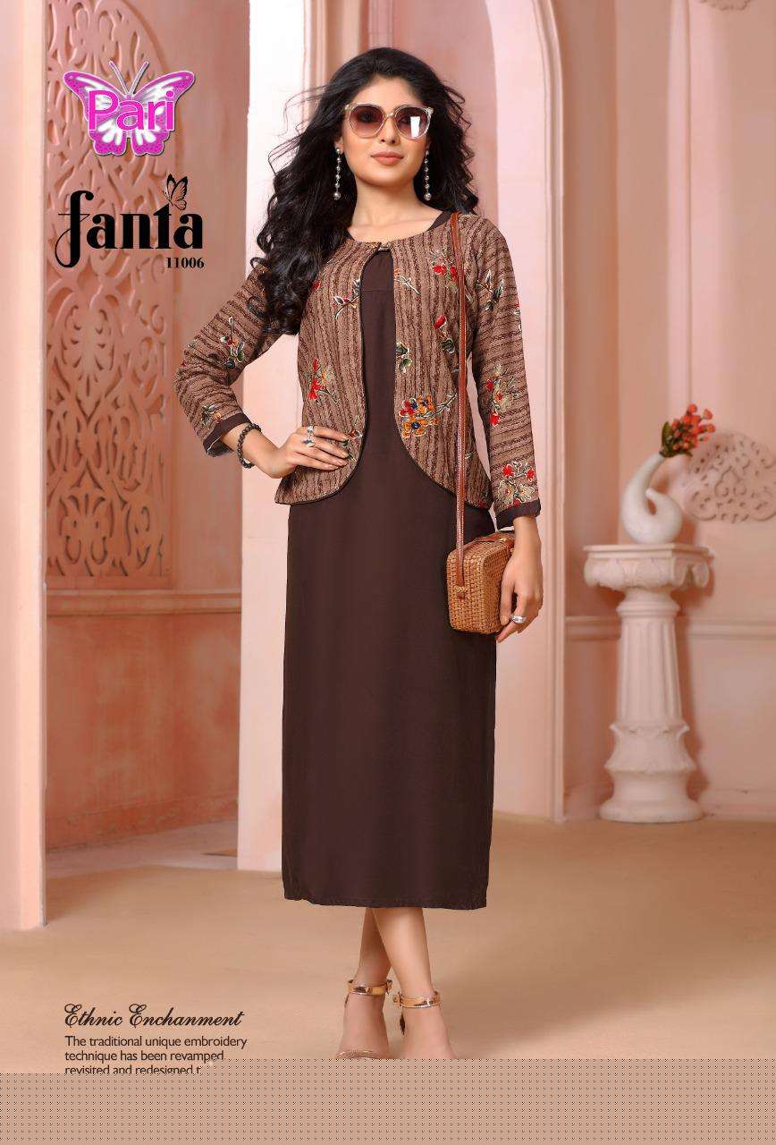 FANTA VOL-11 BY PARI 11001 TO 11008 SERIES DESIGNER STYLISH FANCY COLORFUL BEAUTIFUL PARTY WEAR & ETHNIC WEAR COLLECTION RAYON KURTIS WITH KOTI AT WHOLESALE PRICE