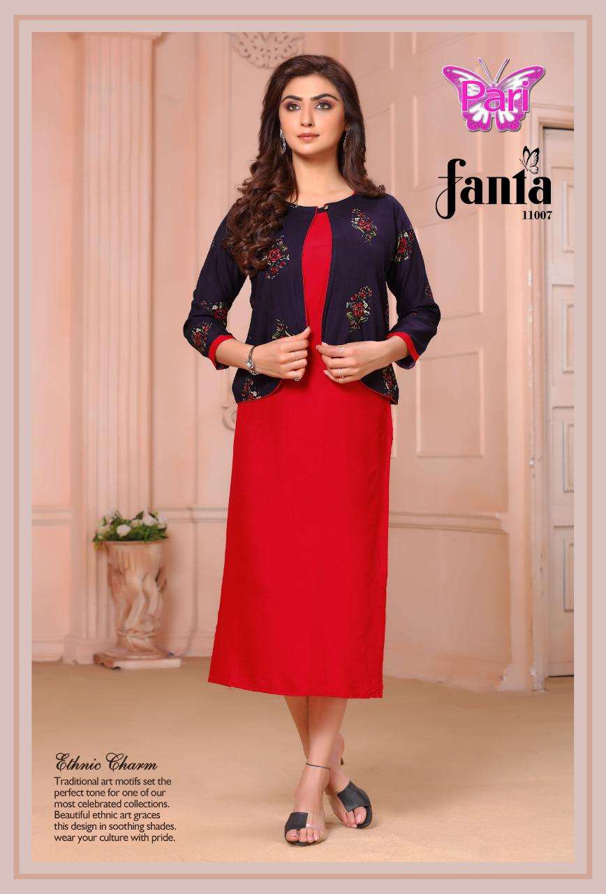 FANTA VOL-11 BY PARI 11001 TO 11008 SERIES DESIGNER STYLISH FANCY COLORFUL BEAUTIFUL PARTY WEAR & ETHNIC WEAR COLLECTION RAYON KURTIS WITH KOTI AT WHOLESALE PRICE
