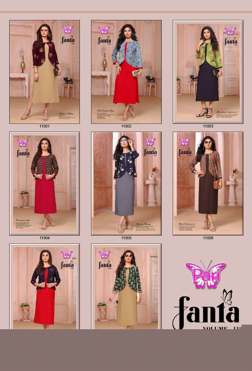 FANTA VOL-11 BY PARI 11001 TO 11008 SERIES DESIGNER STYLISH FANCY COLORFUL BEAUTIFUL PARTY WEAR & ETHNIC WEAR COLLECTION RAYON KURTIS WITH KOTI AT WHOLESALE PRICE