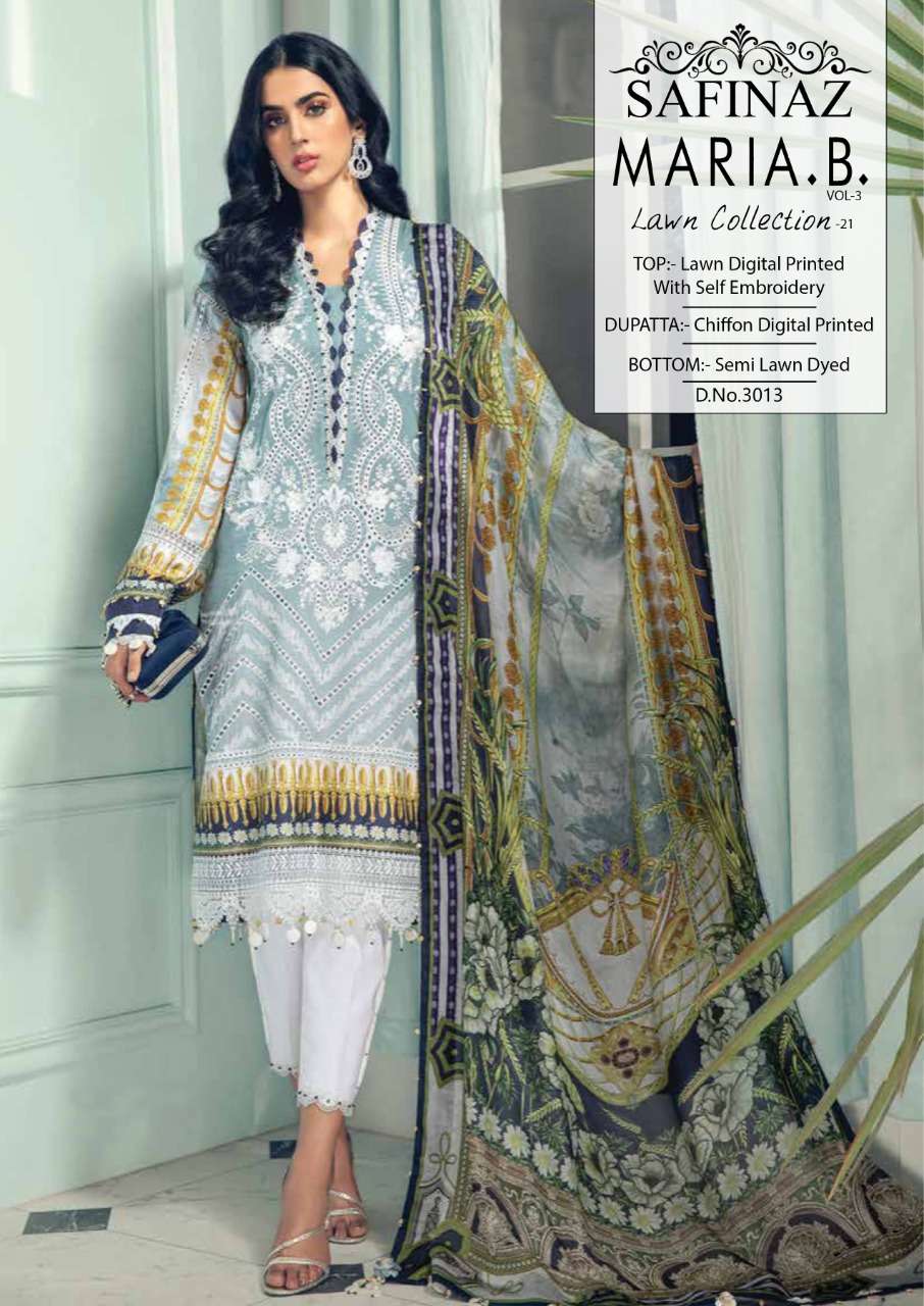 MARIA.B. VOL-3 BY SAFINAZ 3013 TO 3016 SERIES PAKISTANI WEAR COLLECTION BEAUTIFUL STYLISH FANCY COLORFUL PARTY WEAR & OCCASIONAL WEAR LAWN DYED WITH EMBROIDERED DRESSES AT WHOLESALE PRICE