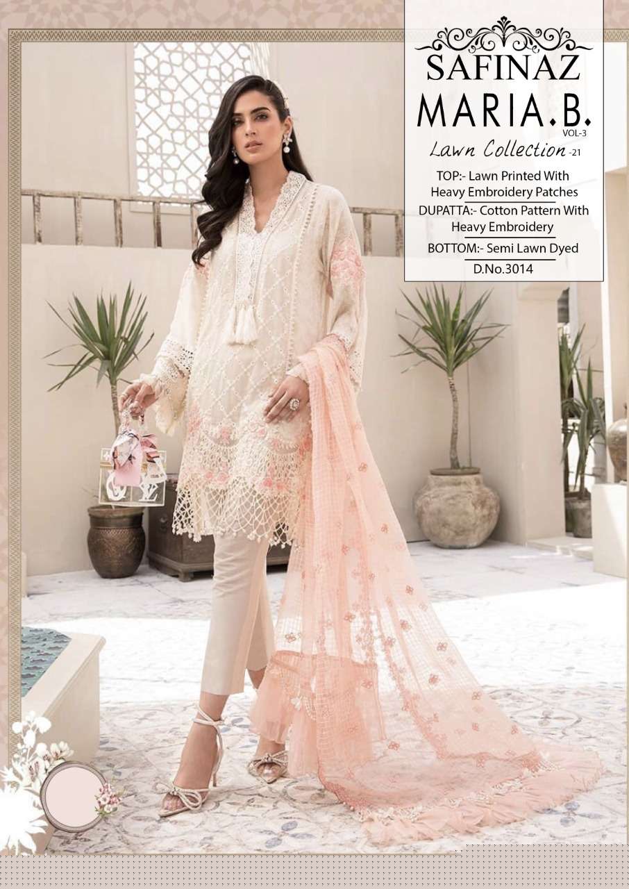 MARIA.B. VOL-3 BY SAFINAZ 3013 TO 3016 SERIES PAKISTANI WEAR COLLECTION BEAUTIFUL STYLISH FANCY COLORFUL PARTY WEAR & OCCASIONAL WEAR LAWN DYED WITH EMBROIDERED DRESSES AT WHOLESALE PRICE
