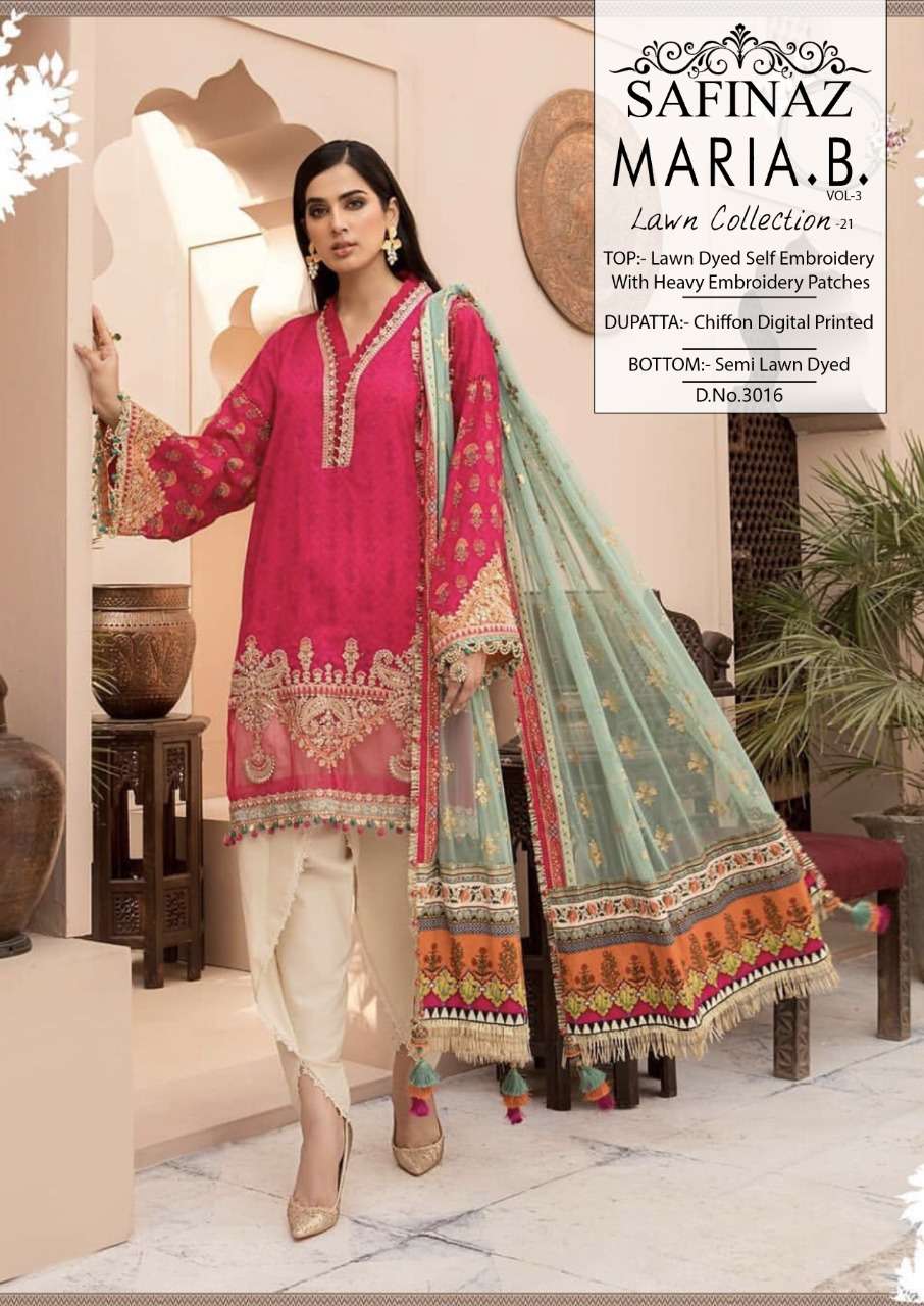 MARIA.B. VOL-3 BY SAFINAZ 3013 TO 3016 SERIES PAKISTANI WEAR COLLECTION BEAUTIFUL STYLISH FANCY COLORFUL PARTY WEAR & OCCASIONAL WEAR LAWN DYED WITH EMBROIDERED DRESSES AT WHOLESALE PRICE