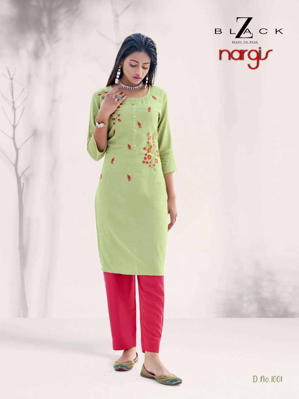 NARGIS BY Z BLACK 1001 TO 1006 SERIES DESIGNER STYLISH FANCY COLORFUL BEAUTIFUL PARTY WEAR & ETHNIC WEAR COLLECTION RAYON EMBROIDERY KURTIS WITH BOTTOM AT WHOLESALE PRICE