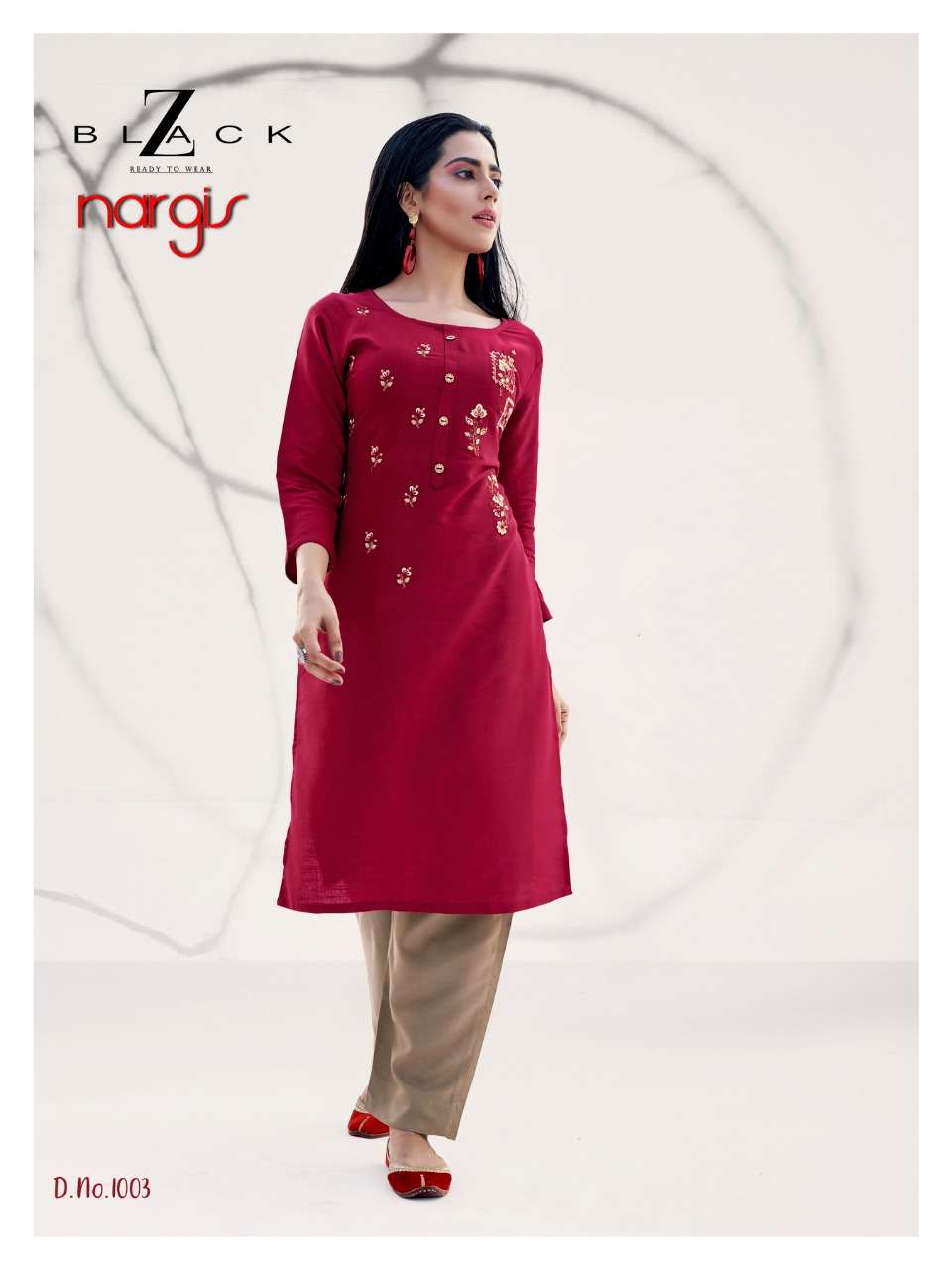 NARGIS BY Z BLACK 1001 TO 1006 SERIES DESIGNER STYLISH FANCY COLORFUL BEAUTIFUL PARTY WEAR & ETHNIC WEAR COLLECTION RAYON EMBROIDERY KURTIS WITH BOTTOM AT WHOLESALE PRICE