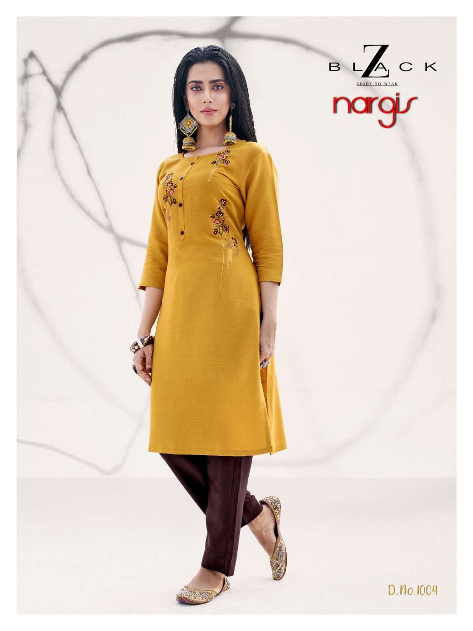 NARGIS BY Z BLACK 1001 TO 1006 SERIES DESIGNER STYLISH FANCY COLORFUL BEAUTIFUL PARTY WEAR & ETHNIC WEAR COLLECTION RAYON EMBROIDERY KURTIS WITH BOTTOM AT WHOLESALE PRICE