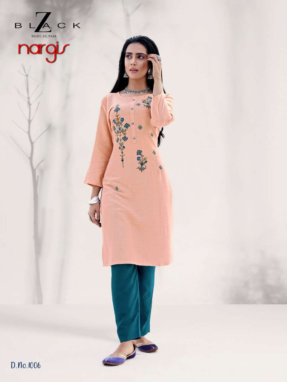 NARGIS BY Z BLACK 1001 TO 1006 SERIES DESIGNER STYLISH FANCY COLORFUL BEAUTIFUL PARTY WEAR & ETHNIC WEAR COLLECTION RAYON EMBROIDERY KURTIS WITH BOTTOM AT WHOLESALE PRICE