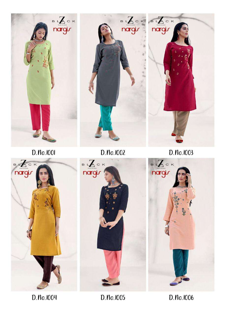 NARGIS BY Z BLACK 1001 TO 1006 SERIES DESIGNER STYLISH FANCY COLORFUL BEAUTIFUL PARTY WEAR & ETHNIC WEAR COLLECTION RAYON EMBROIDERY KURTIS WITH BOTTOM AT WHOLESALE PRICE