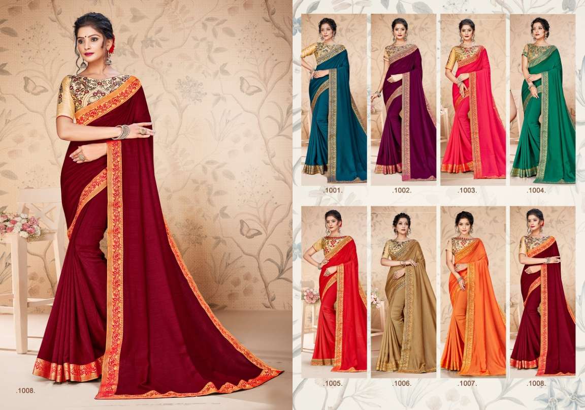 ANAISHA BY RANJNA 1001 TO 1008 SERIES INDIAN TRADITIONAL WEAR COLLECTION BEAUTIFUL STYLISH FANCY COLORFUL PARTY WEAR & OCCASIONAL WEAR VICHITRA SILK SAREES AT WHOLESALE PRICE